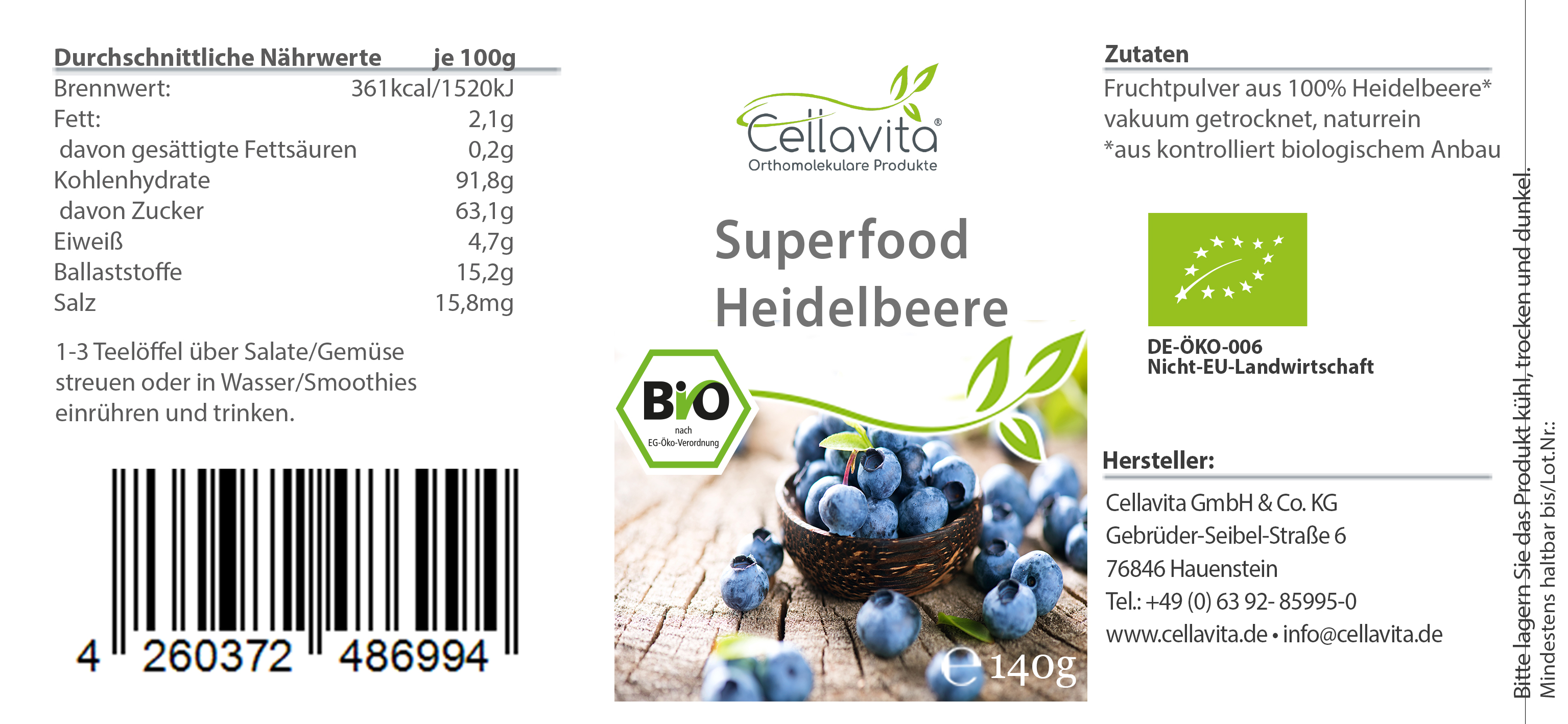Superfood Heidelbeere bio Pulver 140g im Glas