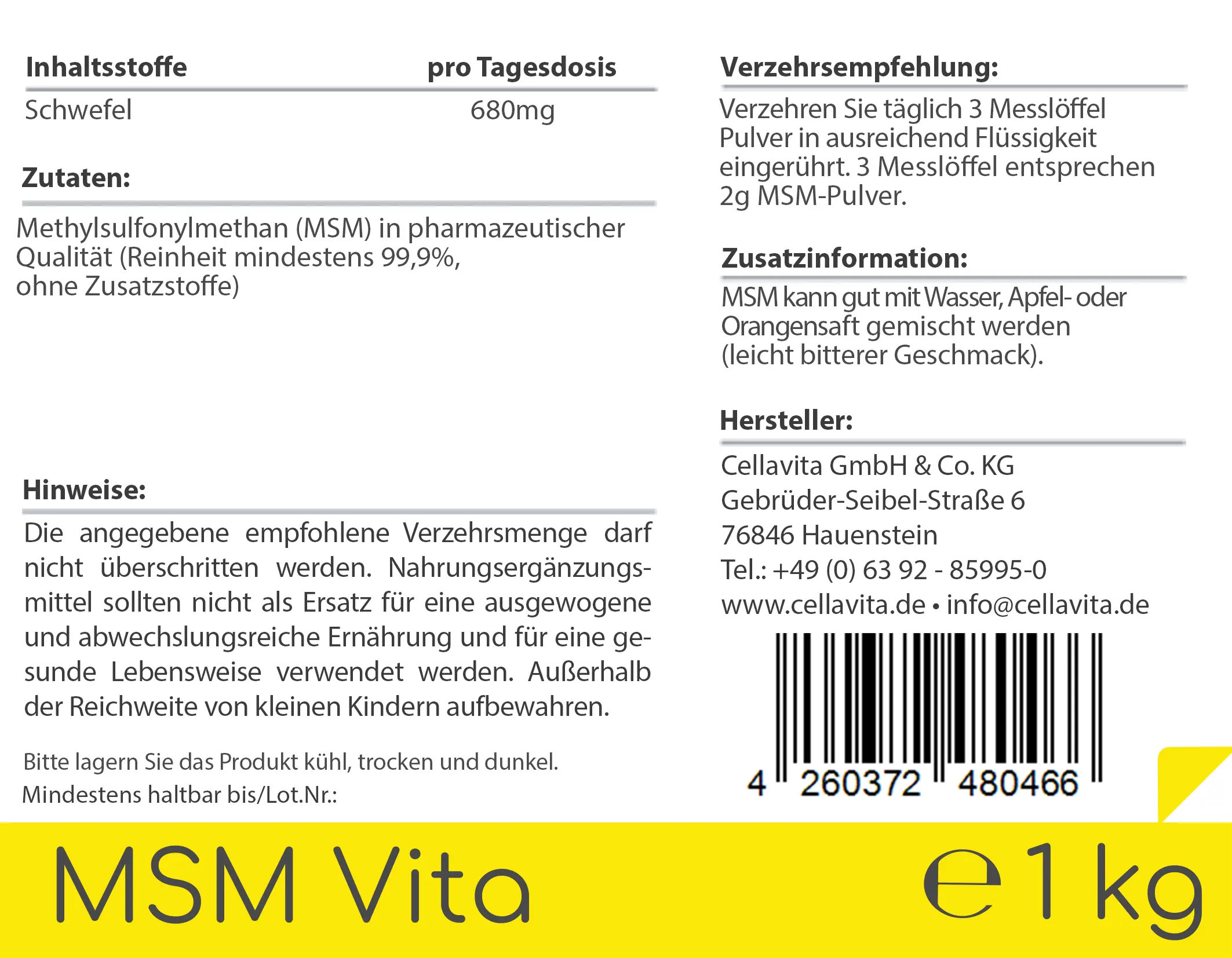 MSM Organischer Schwefel Pulver