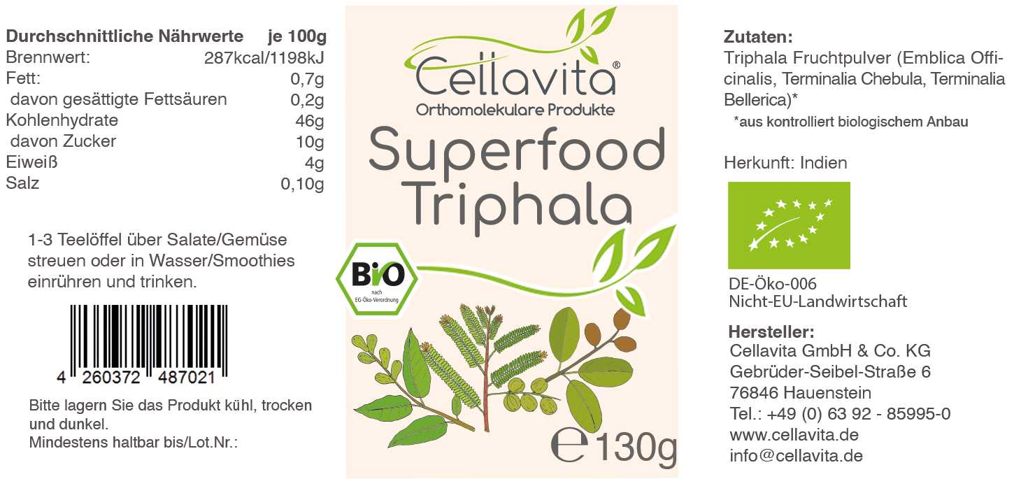 Superfood Triphala bio Pulver 130g im Glas