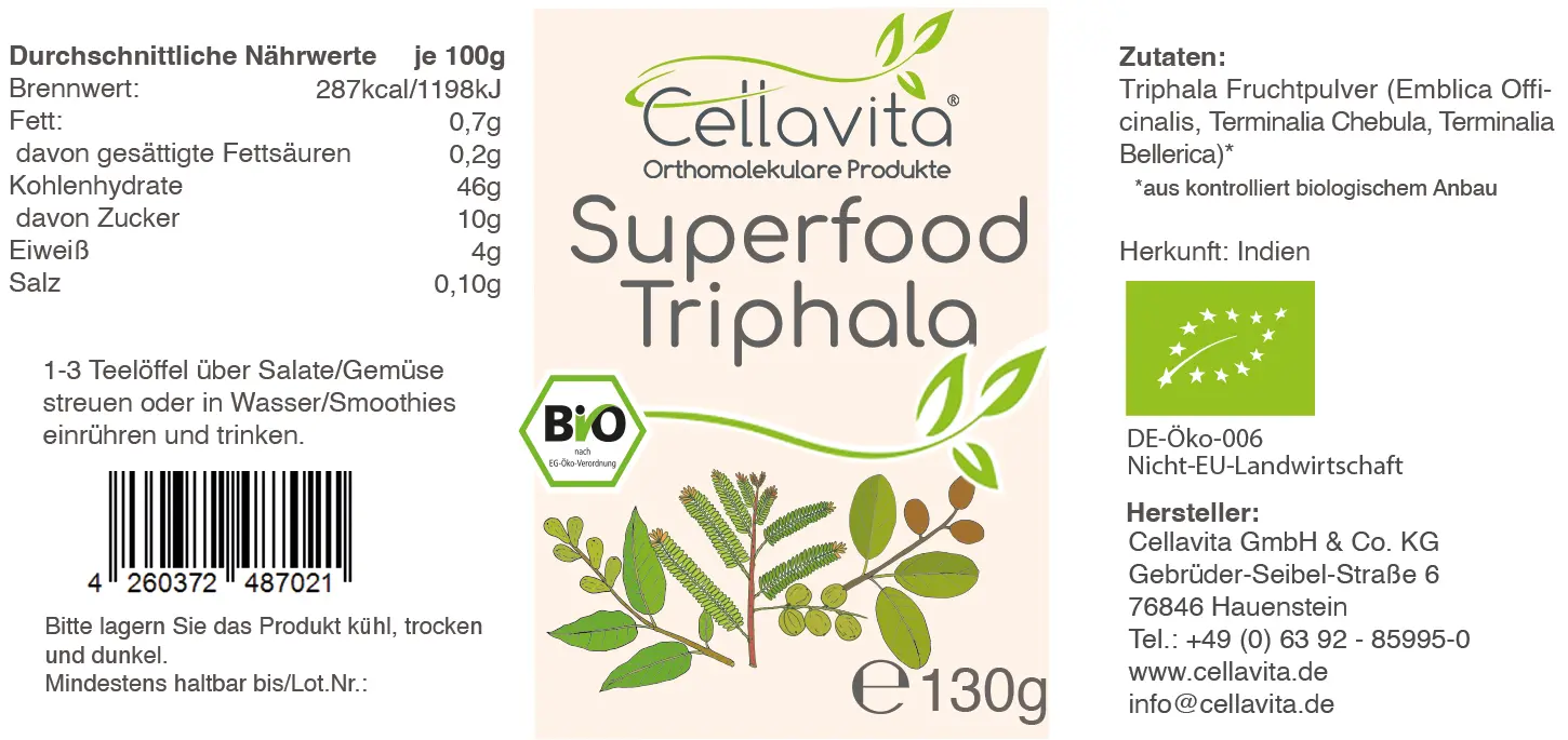 Superfood Triphala bio Pulver 130g im Glas
