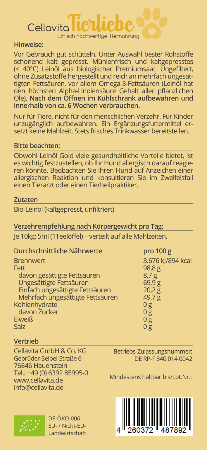 Saatengold-Bio-Feinschmecker-Öle "Leinöl Pur"  für Hunde