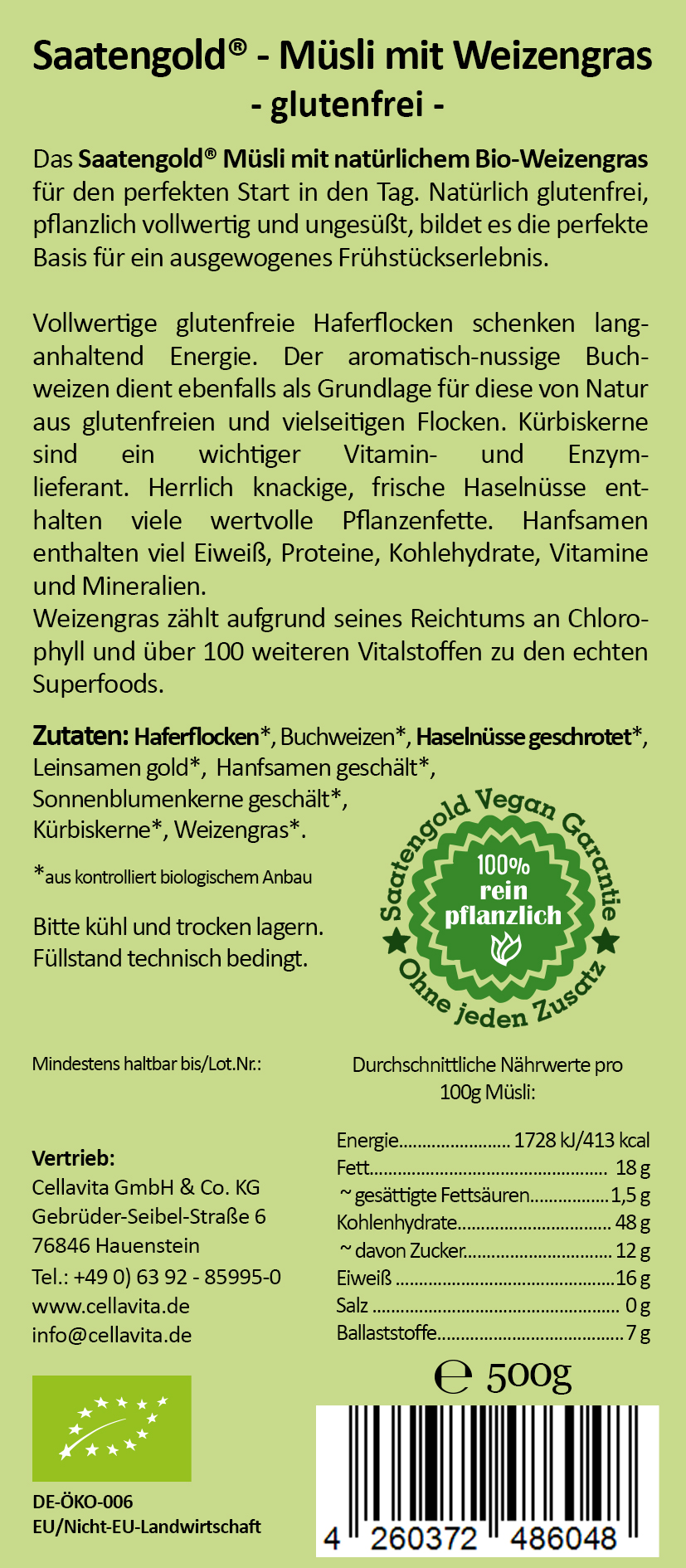 Saatengold® - Bio Müsli mit Weizengras - glutenfrei & vegan - 500g
