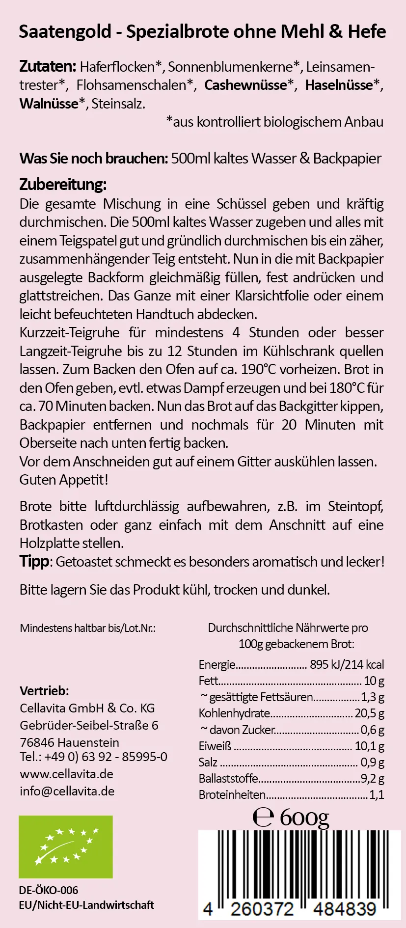 Mehlfreibrot Multi-Nuss -grob körnig- Bio Brotbackmischung 