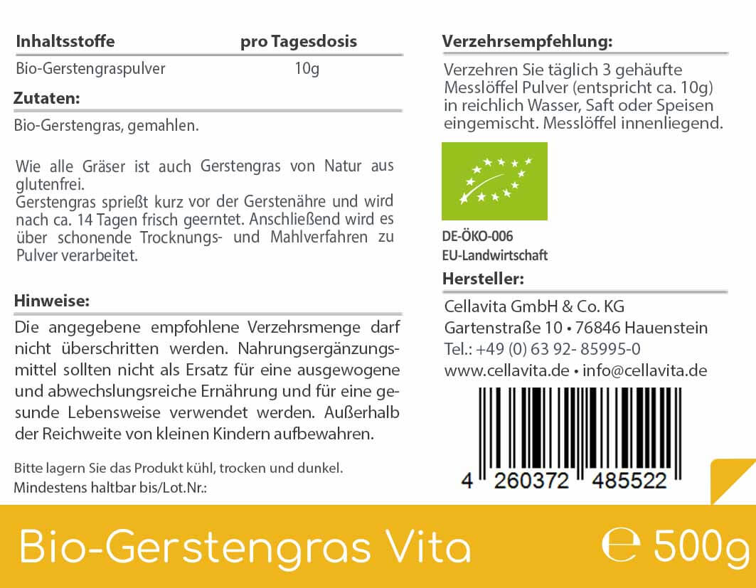 Bio Gerstengras Vita - 500g Pulver im Vorratsbeutel
