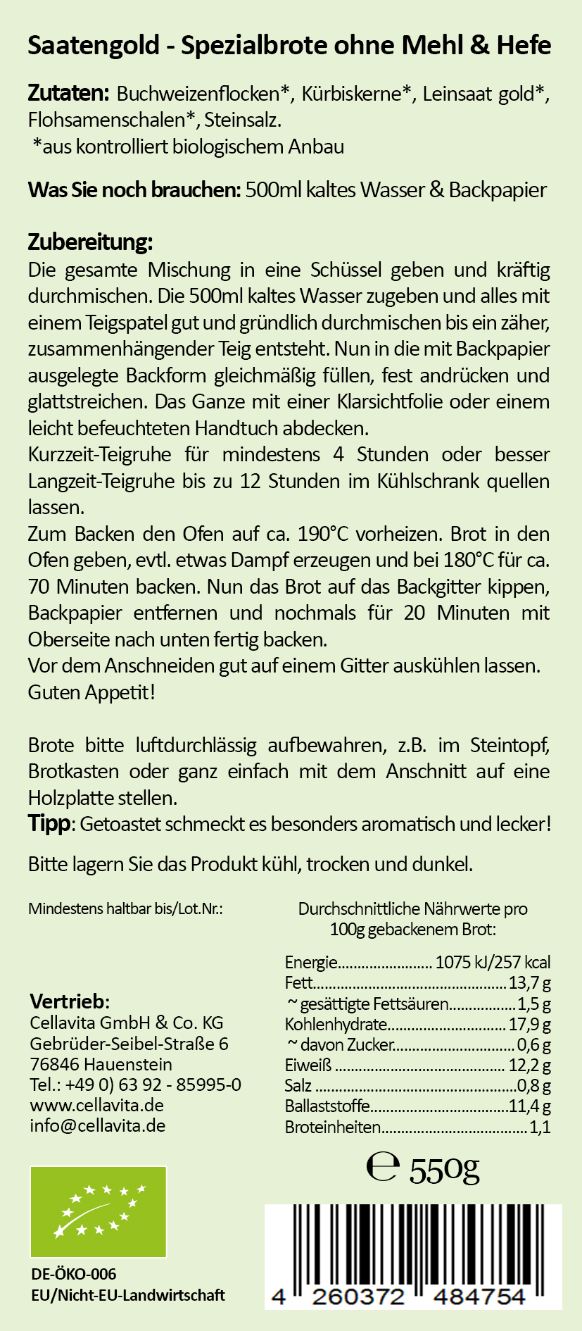 Mehlfreibrot Buchweizen -grob körnig- Bio Brotbackmischung