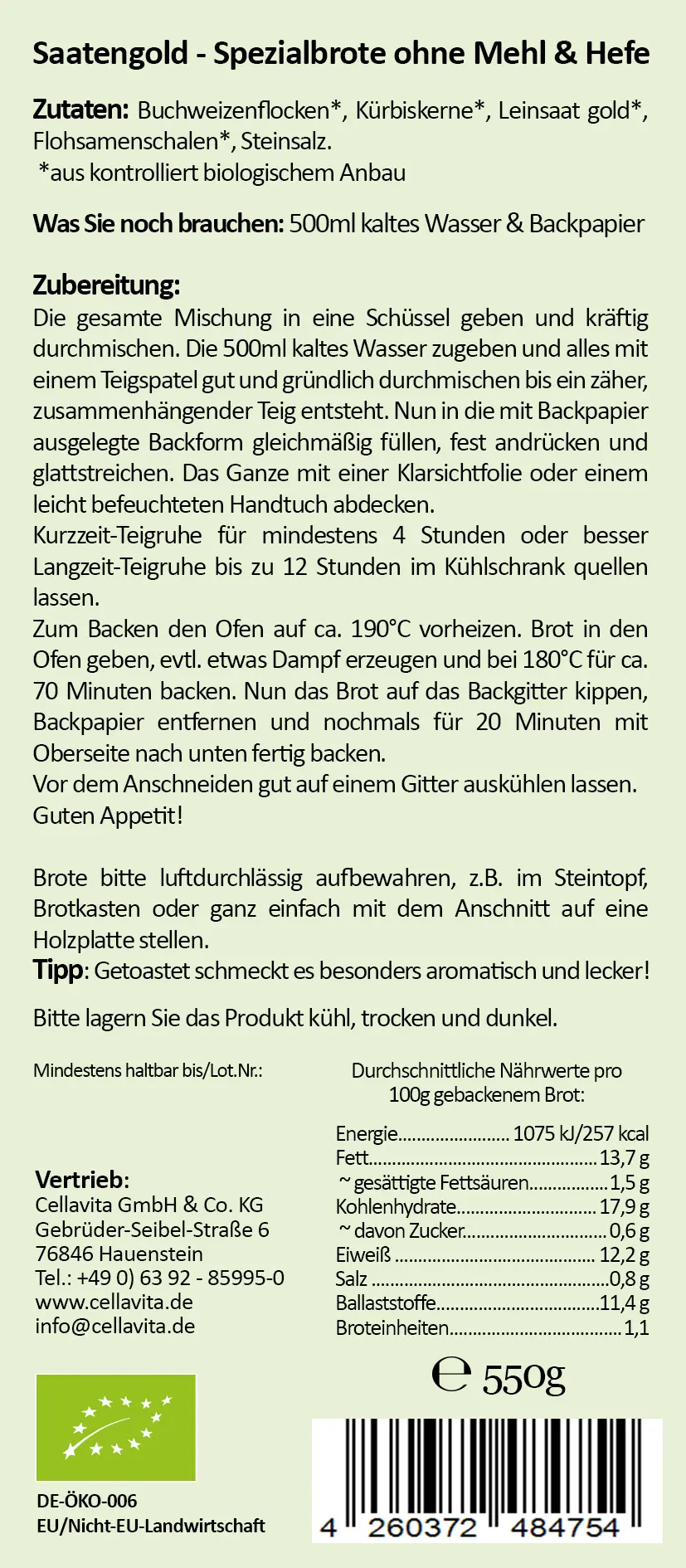 Mehlfreibrot Buchweizen -grob körnig- Bio Brotbackmischung