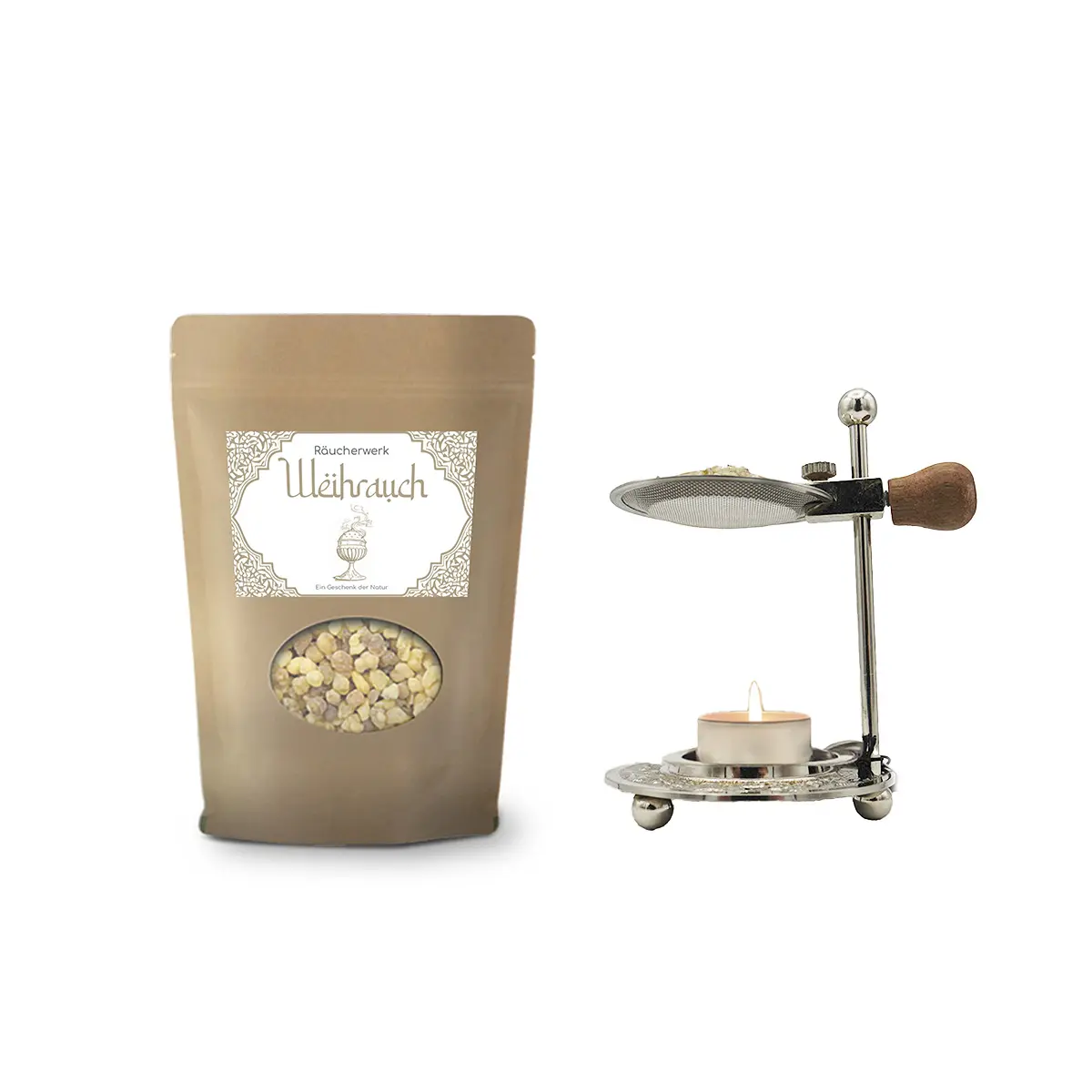 Räucher-Set: Weihrauchbrenner (silber) + Boswellia sacra Weihrauch