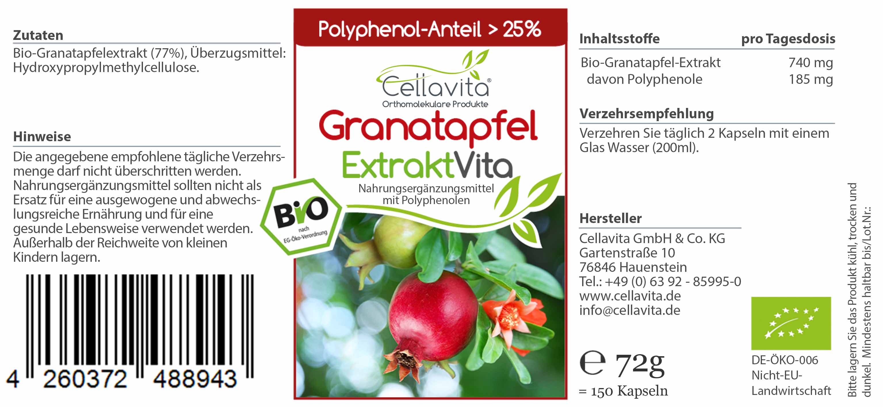 Bio Granatapfel-Extrakt Vita - 150 Kapseln - 75 Tagesvorrat