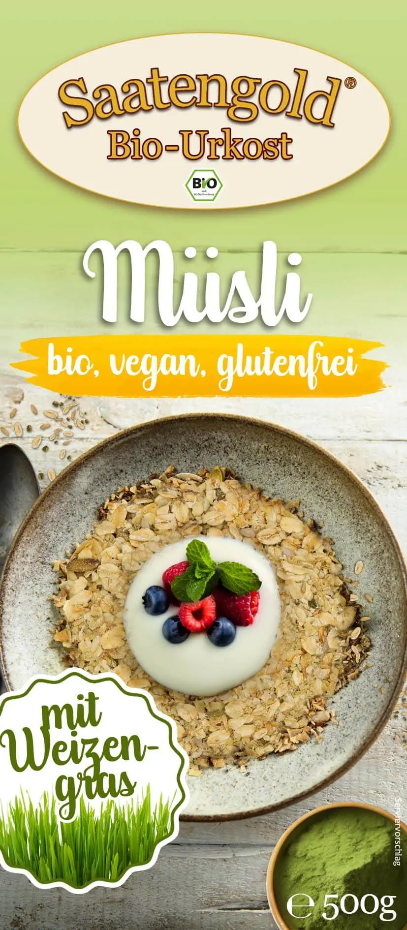 Saatengold® - Bio Müsli mit Weizengras - glutenfrei & vegan - 500g