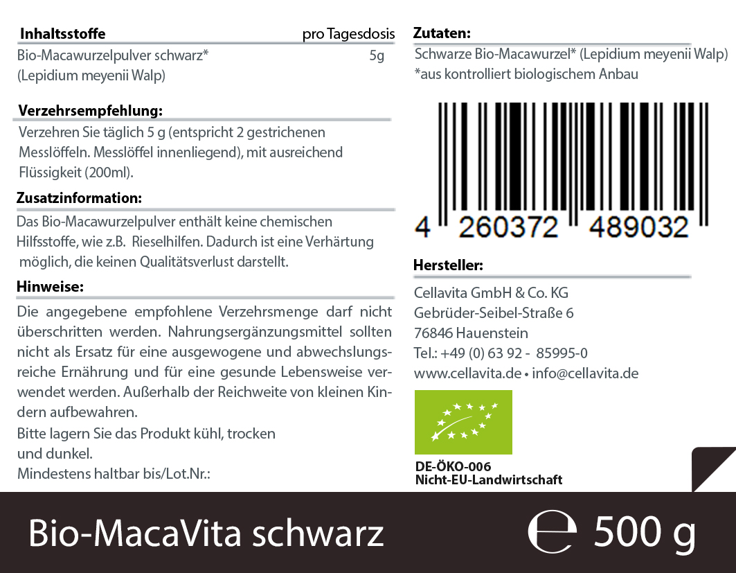 Bio-Maca Vita schwarz (3,5 Monatsvorrat) - 500 g Pulver im Vorratsbeutel