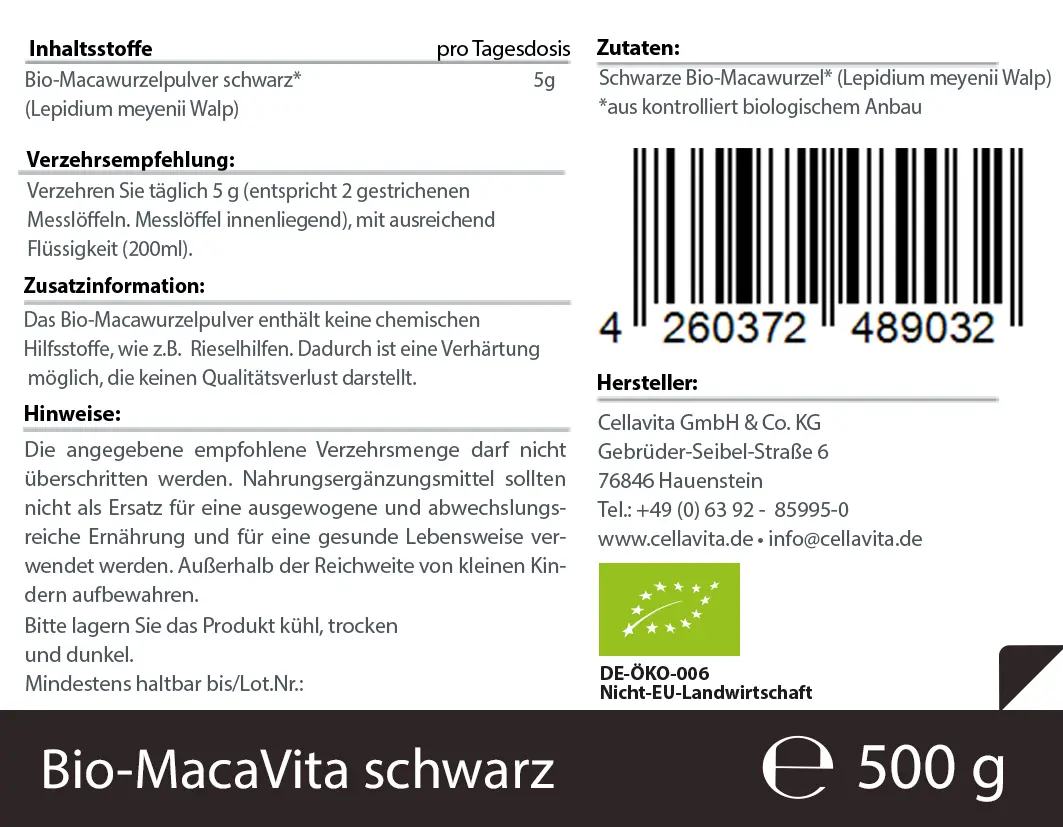 Bio-Maca Vita schwarz (3,5 Monatsvorrat) - 500 g Pulver im Vorratsbeutel