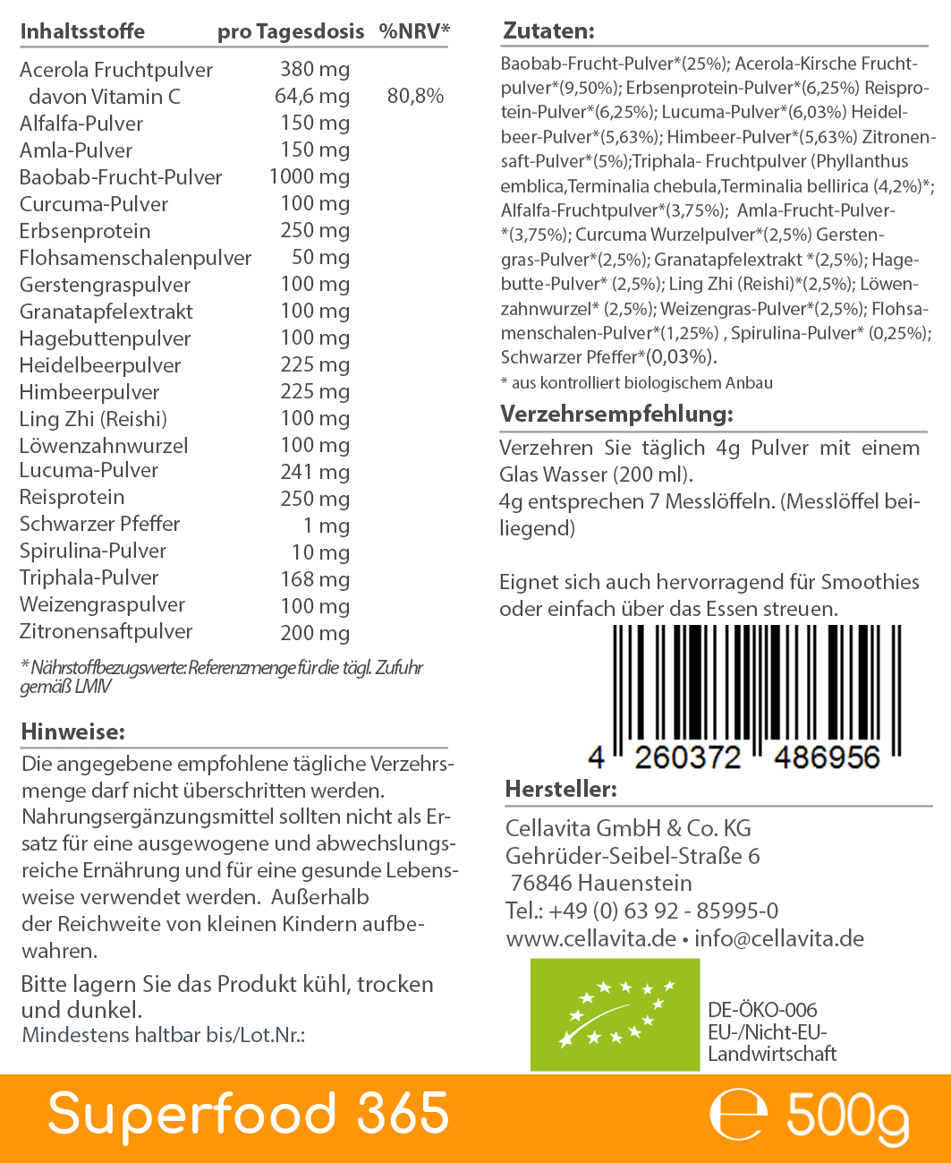 Superfood 365 Bio 500g Pulver- mit 21 Bio-Superfoods