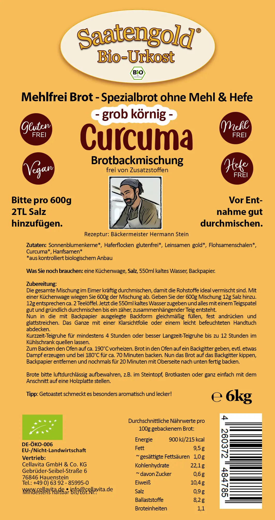 Mehlfreibrot Curcuma -grob körnig- Bio Brotbackmischung 