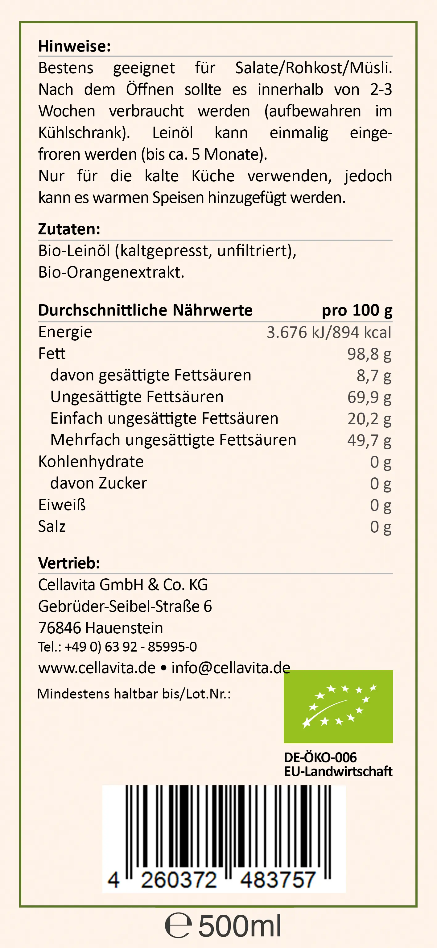 Saatengold-Bio-Feinschmecker-Öle "Leinöl Orange" 