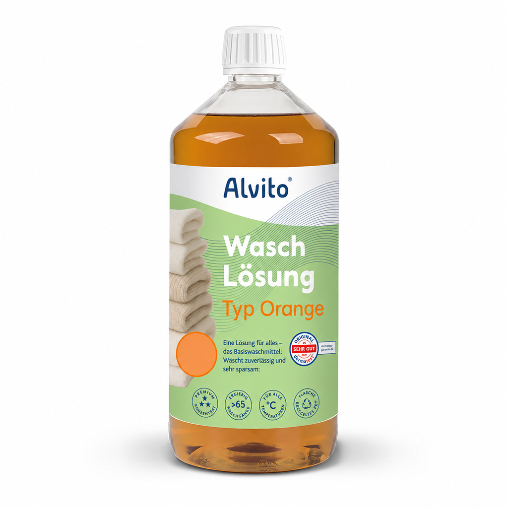 Alvito WaschLösung Typ Orange in transparenter Flasche mit orangefarbener Flüssigkeit, weißem Schraubverschluss und grün-weißem Etikett
