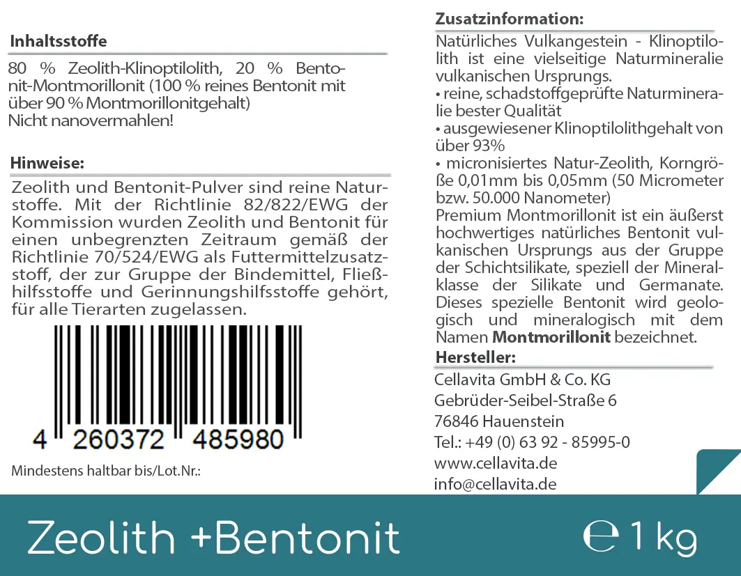 Premium Zeolith + Bentonit 1kg Pulver im Vorratsbeutel