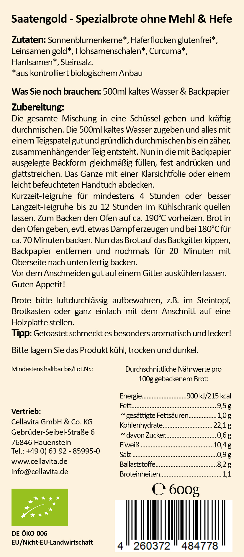 Mehlfreibrot Curcuma -grob körnig- Bio Brotbackmischung 