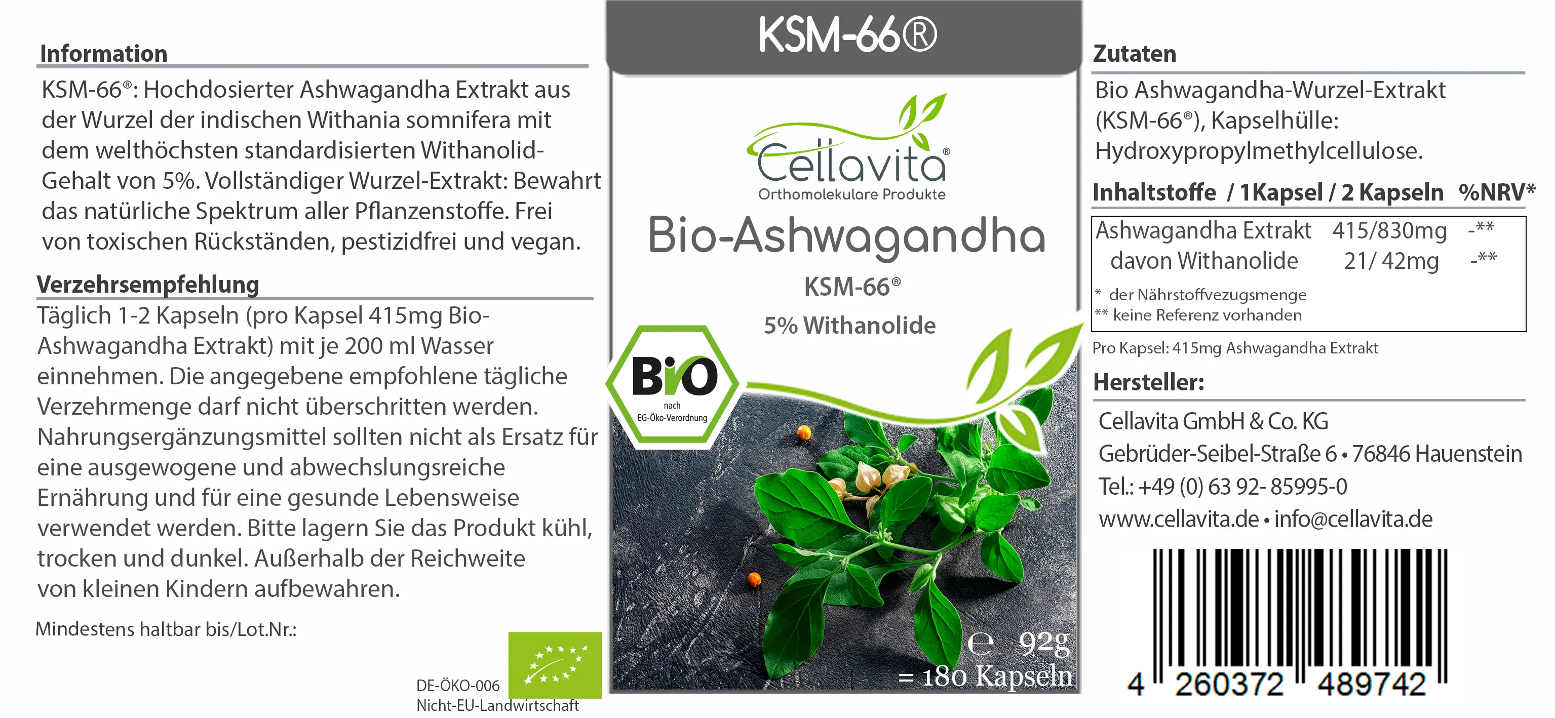 Bio Ashwagandha KSM-66® 180 Kapseln
