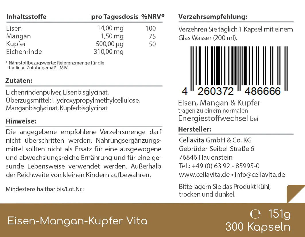 Eisen-Mangan-Kupfer Vita Kapseln