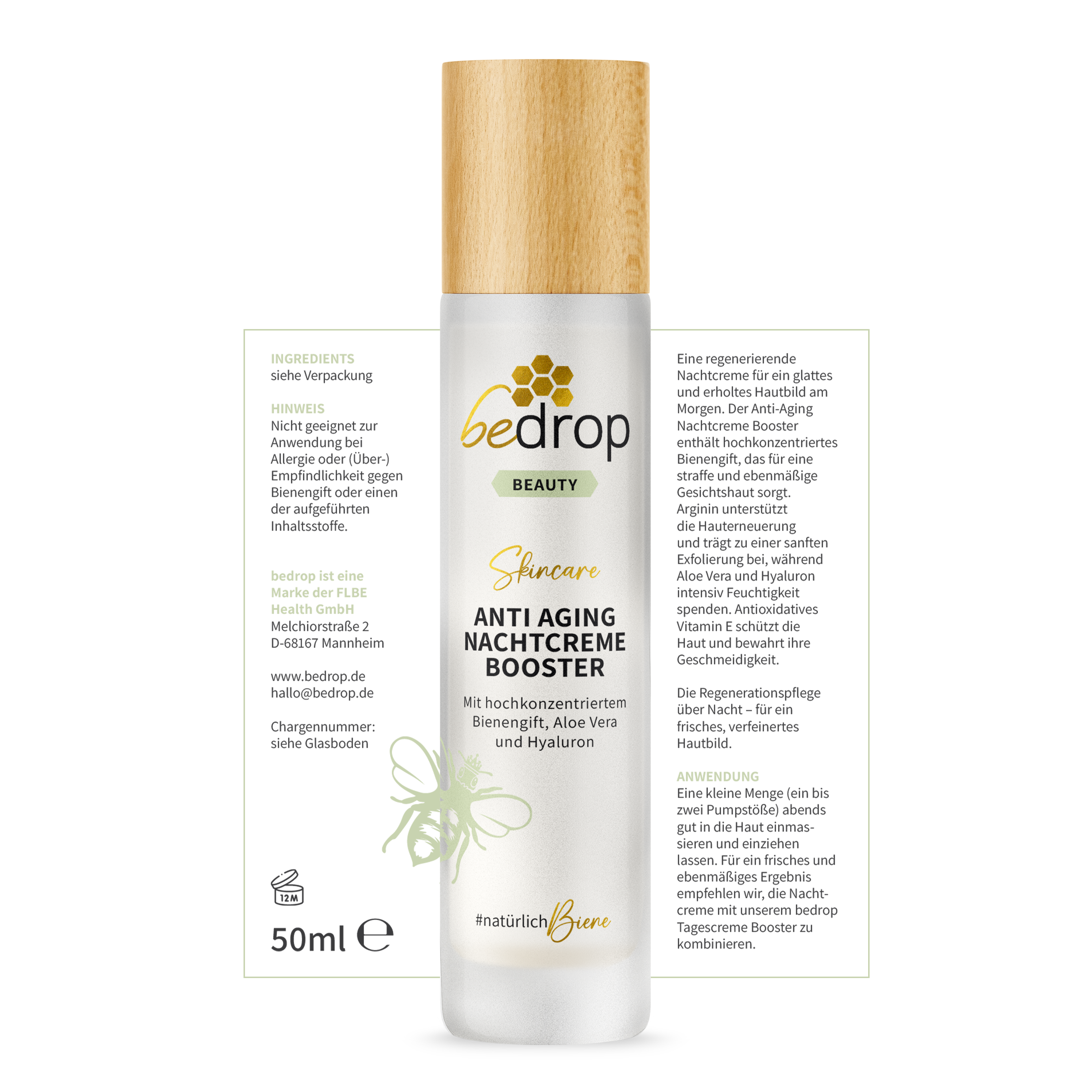 Anti-Aging Nachtcreme Booster regenerierende Nachtpflege mit Bienengift, Aloe Vera & Hyaluron - 50ml