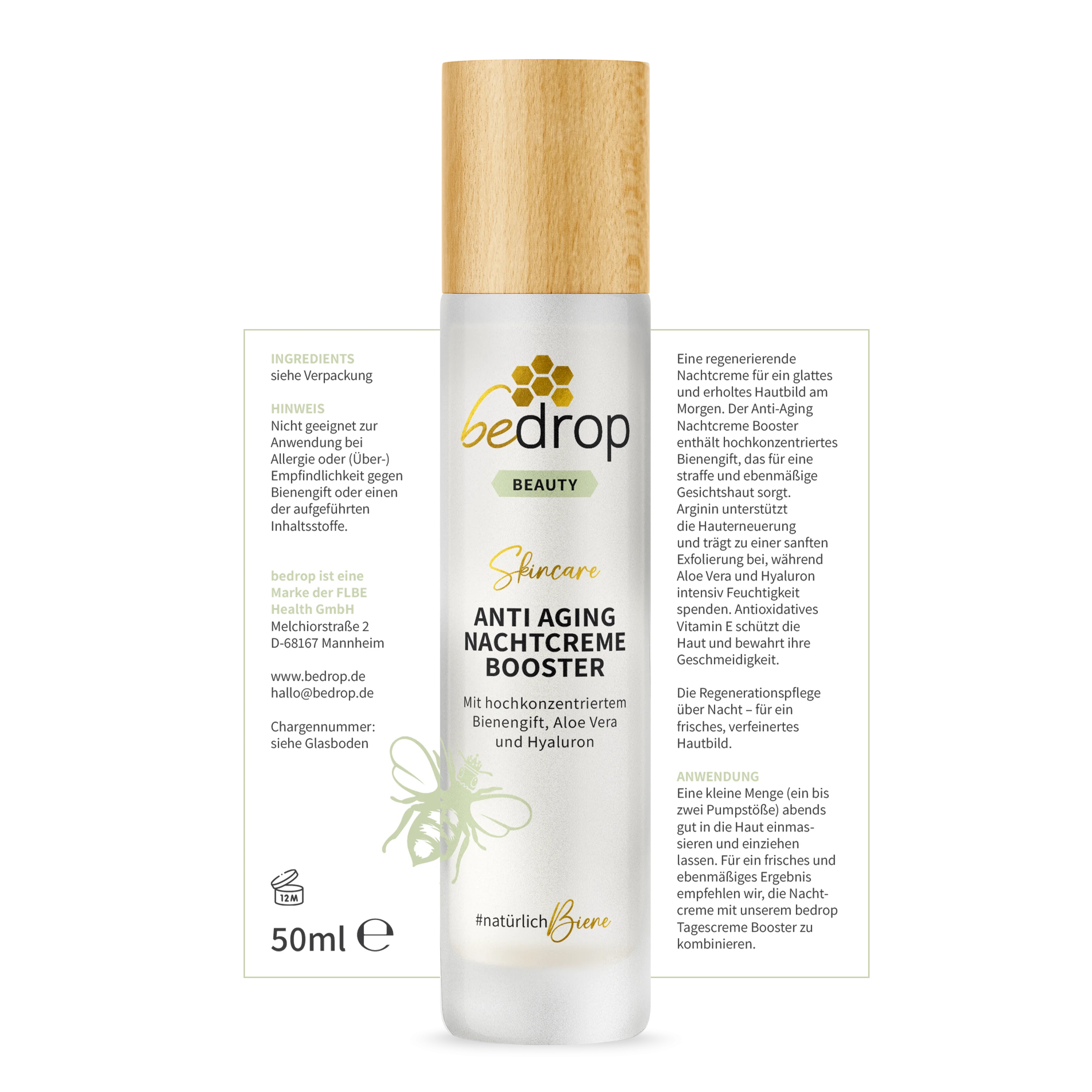 Anti-Aging Nachtcreme Booster regenerierende Nachtpflege mit Bienengift, Aloe Vera & Hyaluron - 50ml