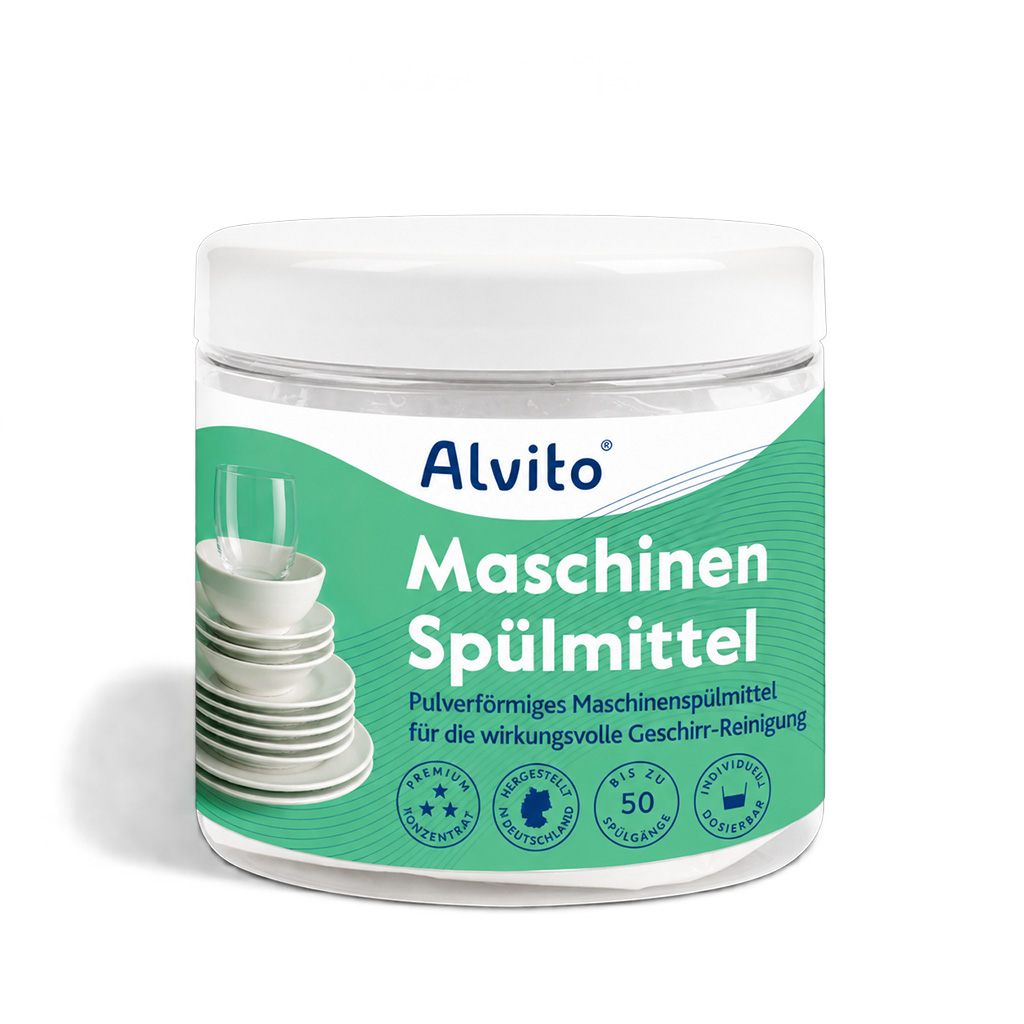 Alvito Maschinen Spülmittel in weißer 500-g-Dose mit grün-blauem Etikett für die Geschirrspülmaschine