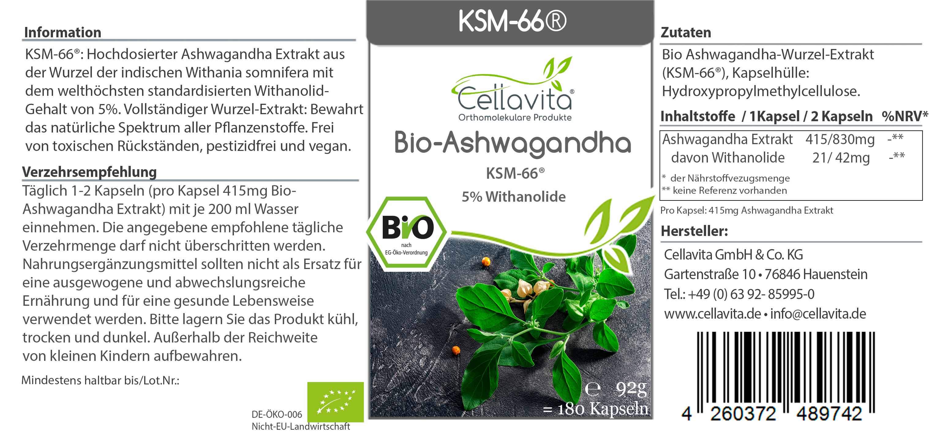 Bio Ashwagandha KSM-66® 180 Kapseln
