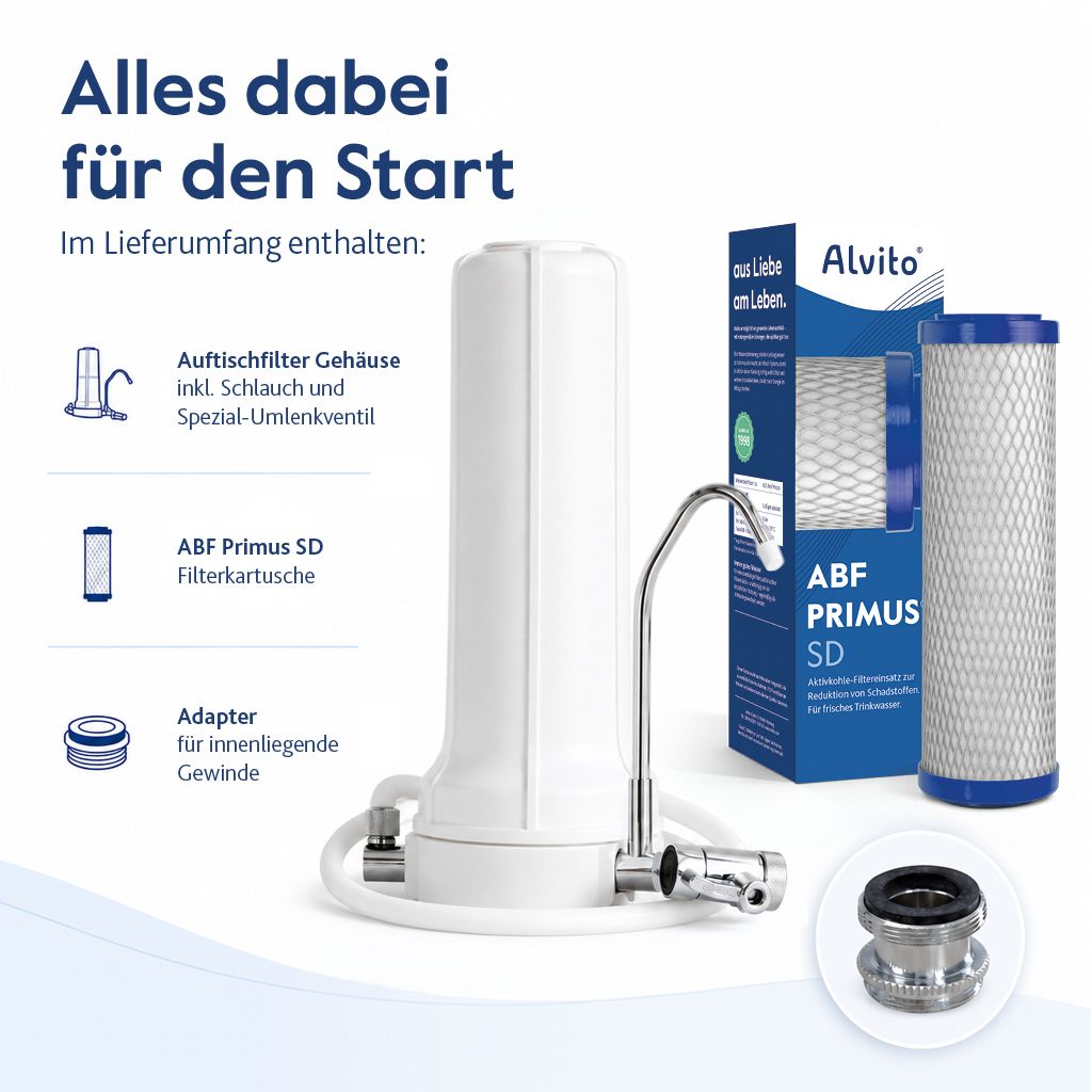 Lieferumfang des Alvito Auftischfilters mit ABF Primus SD Filterkartusche: weißes Filtergehäuse mit Schlauch, Spezial-Umlenkventil und Adapter für innenliegende Gewinde, inklusive Filtereinsatz und Originalverpackung.