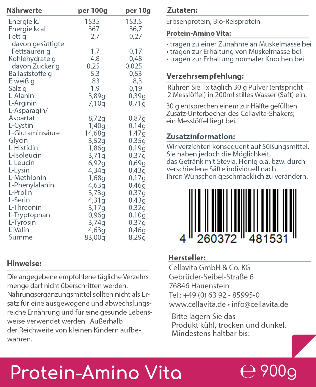 Bio Protein-Amino Vita - 30 Portionen - 900g Vorratsbeutel