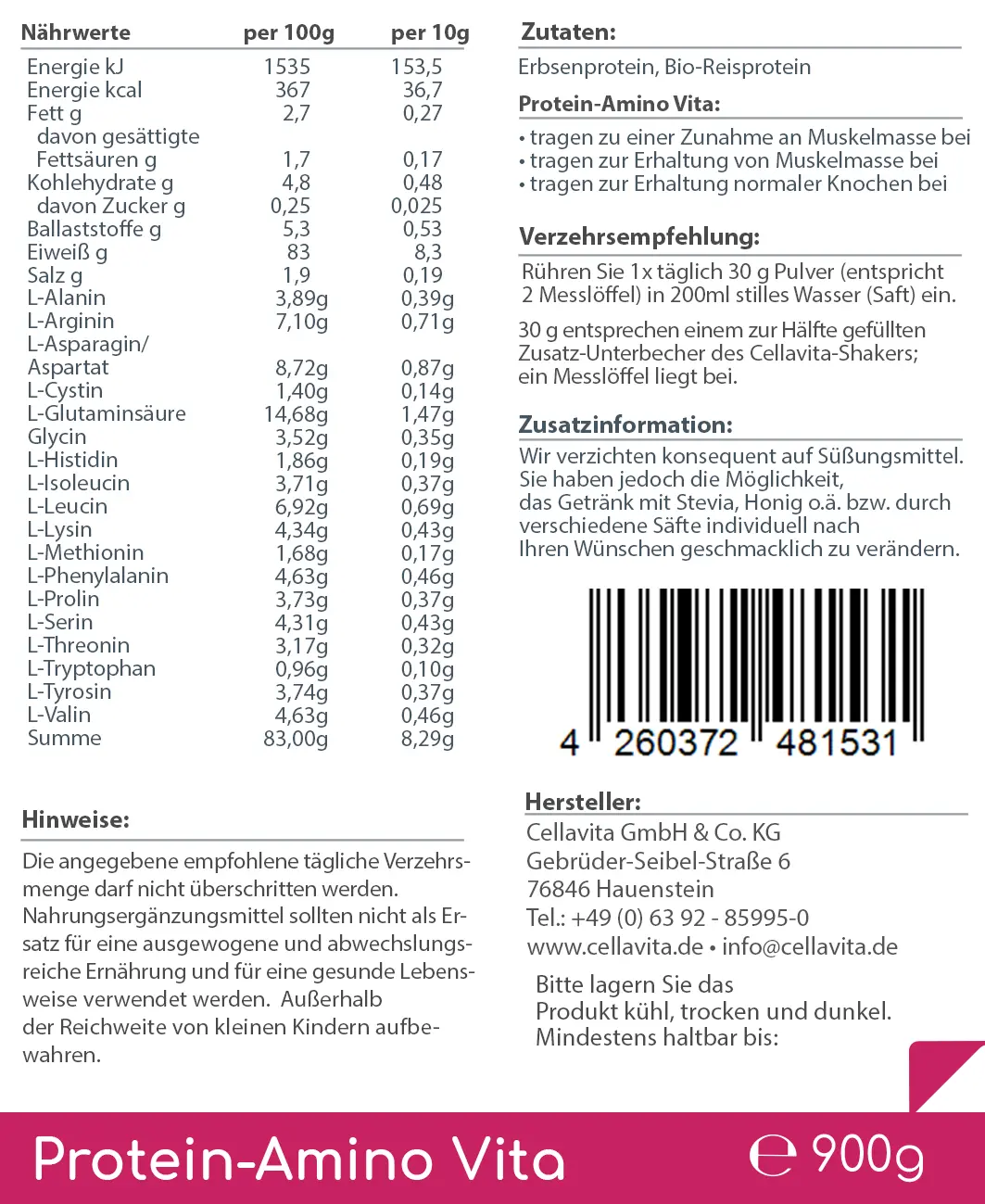 Bio Protein-Amino Vita - 30 Portionen - 900g Vorratsbeutel