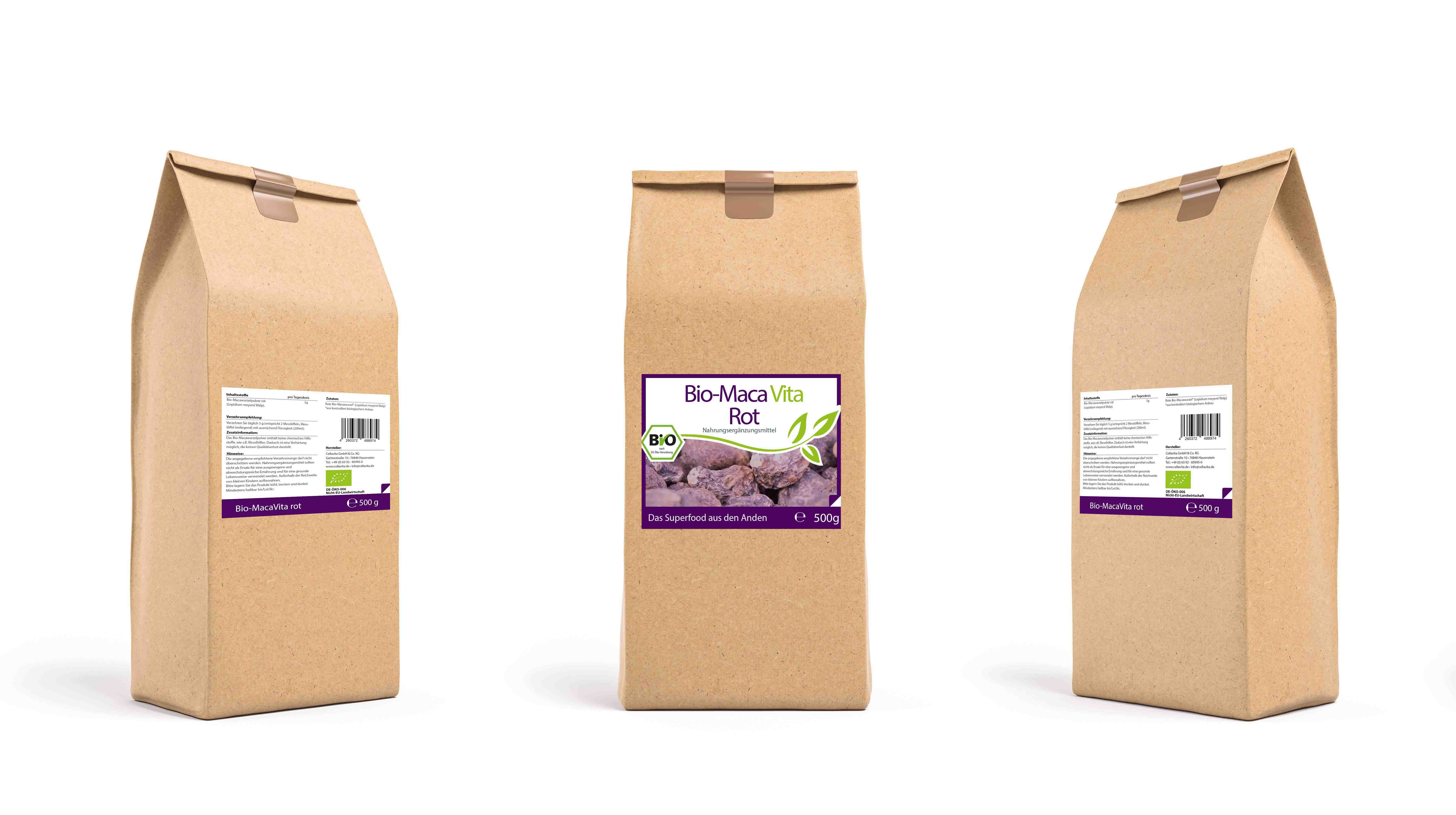 Bio-Maca Vita rot (3,5 Monatsvorrat) - 500 g Pulver im Vorratsbeutel