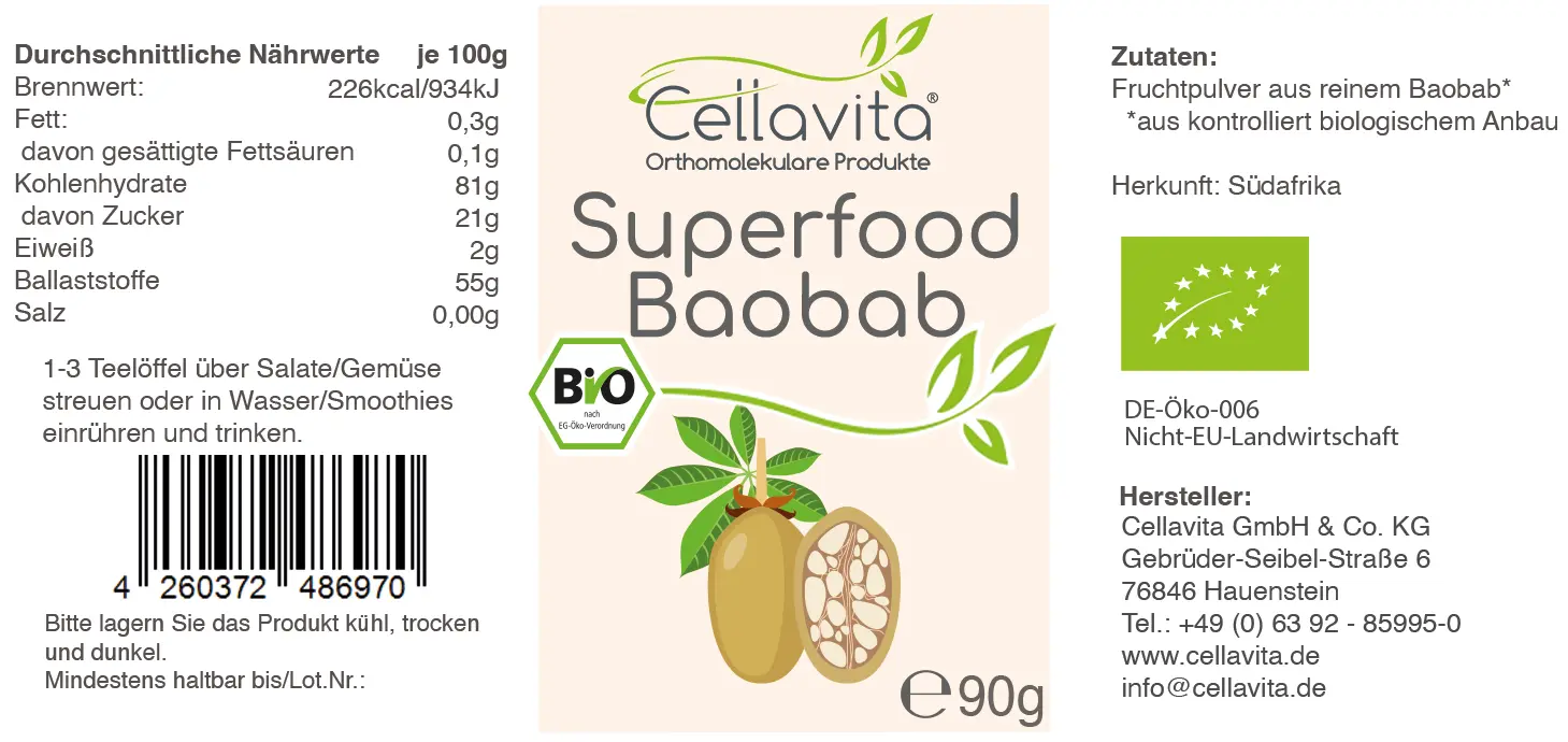 Superfood Baobab bio Pulver 90g im Glas