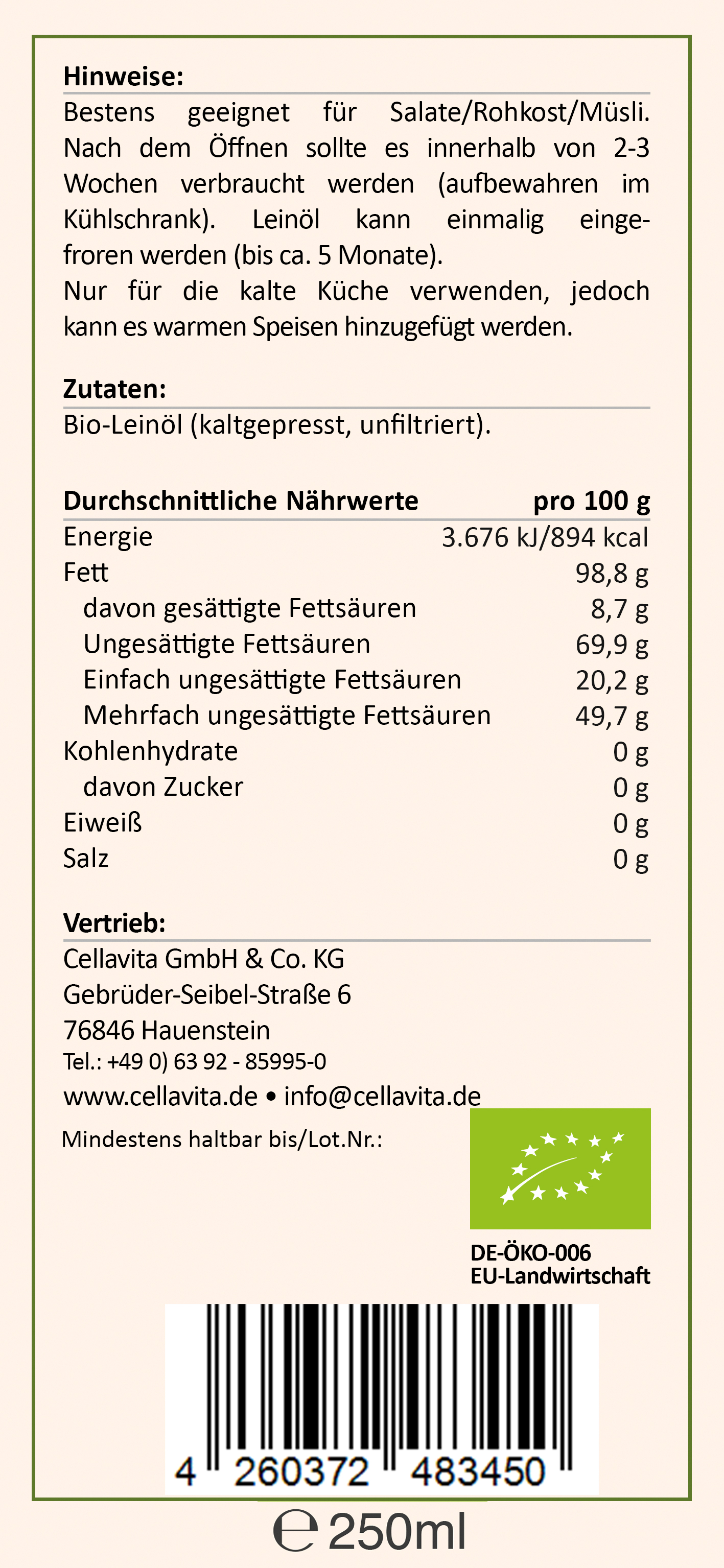 Saatengold-Bio-Feinschmecker-Öle "Leinöl Pur" 