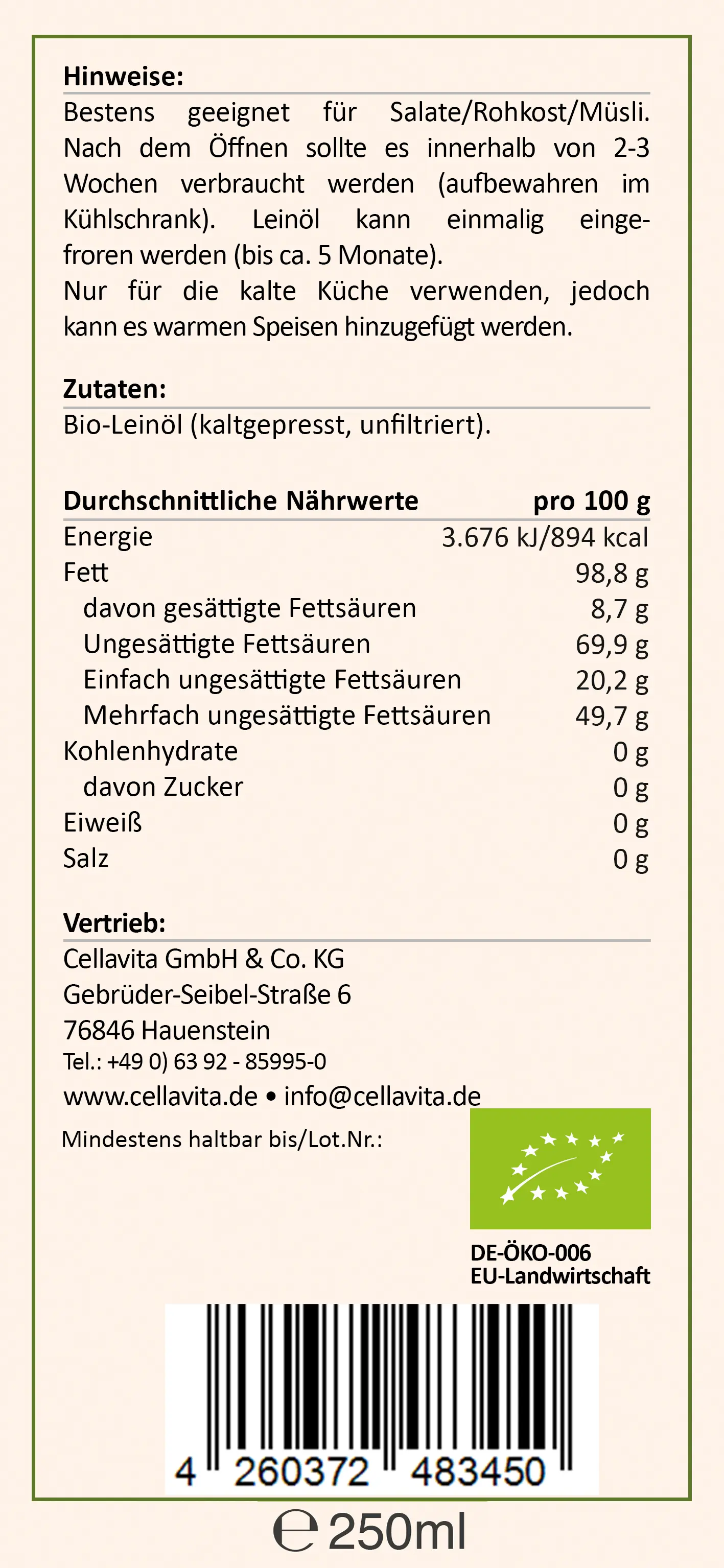 Saatengold-Bio-Feinschmecker-Öle "Leinöl Pur" 