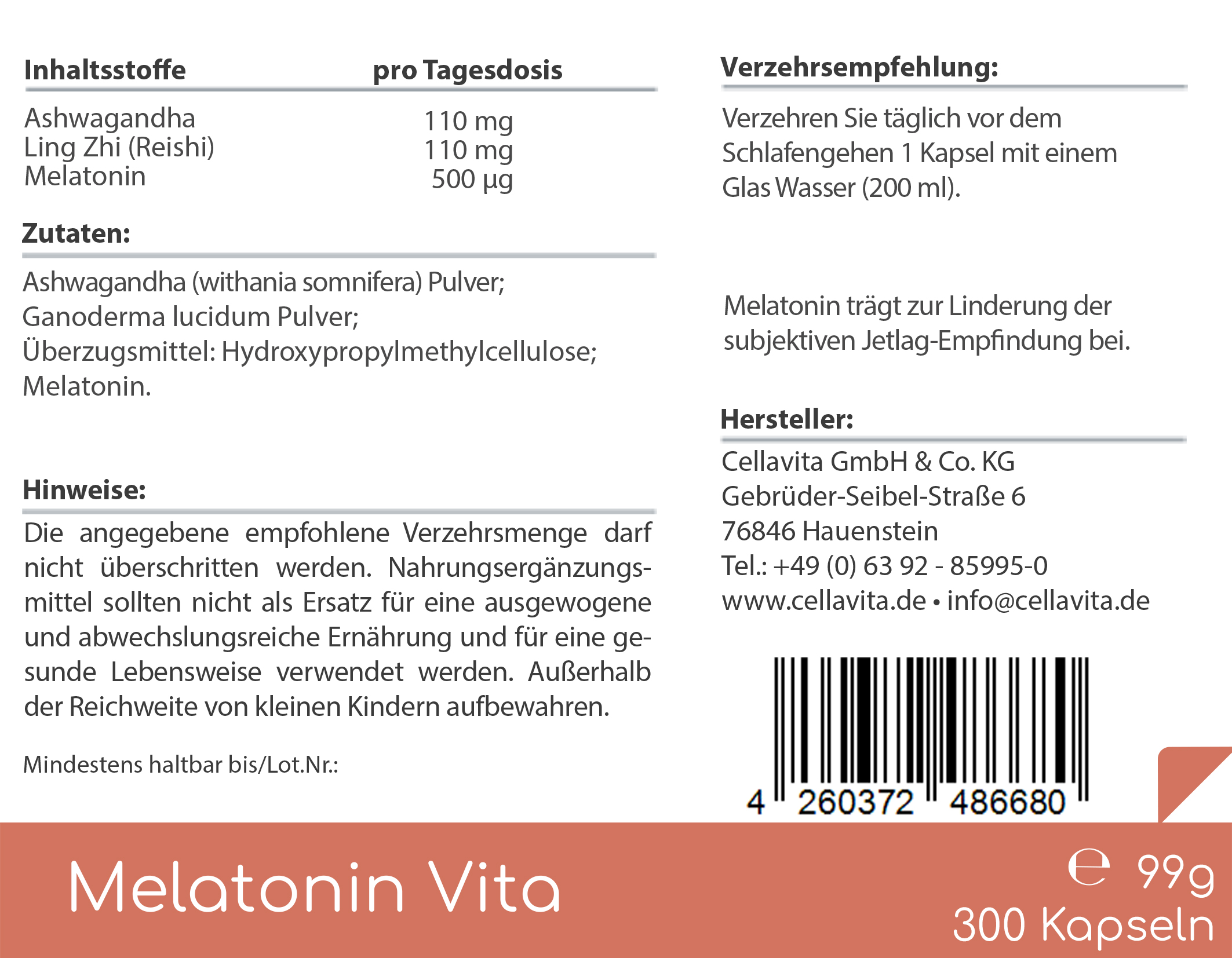Melatonin Vita mit Ashwagandha & Ling Zhi Kapseln