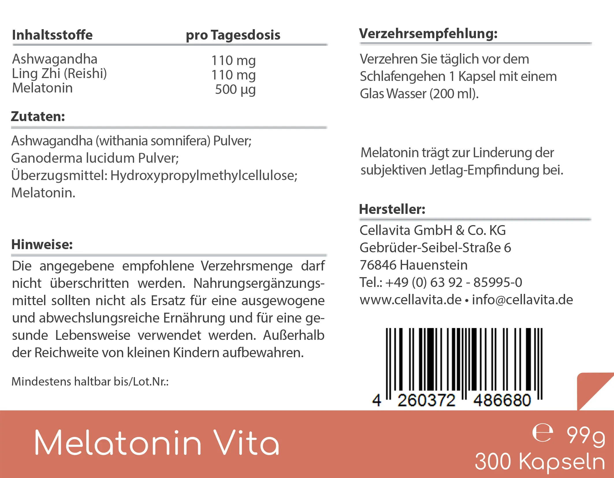 Melatonin Vita mit Ashwagandha & Ling Zhi Kapseln