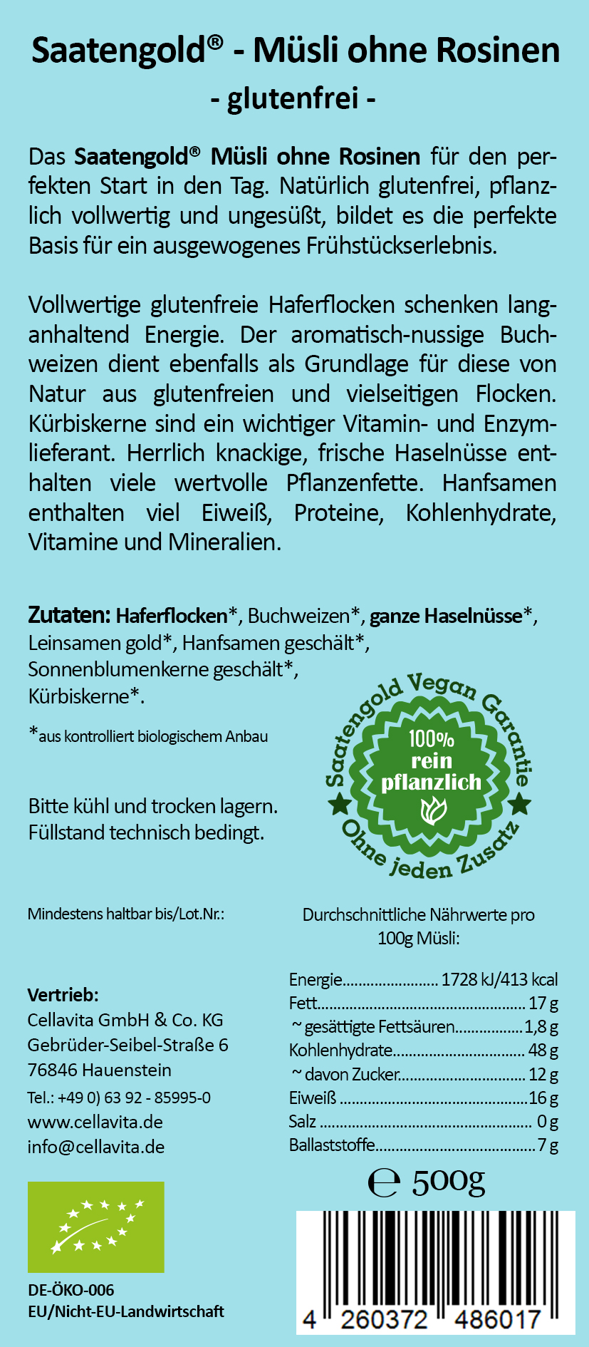 Saatengold® - Bio Müsli ohne Rosinen - glutenfrei & vegan - 500g