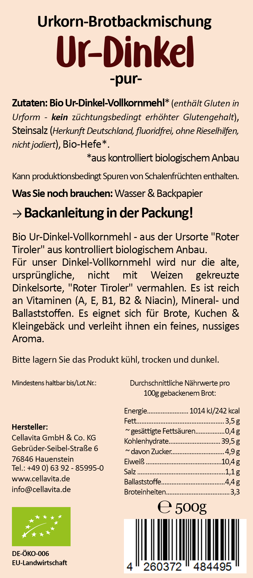 Mehl-Brotbackmischung (Bio) Ur-Dinkel Vollkorn pur 500g