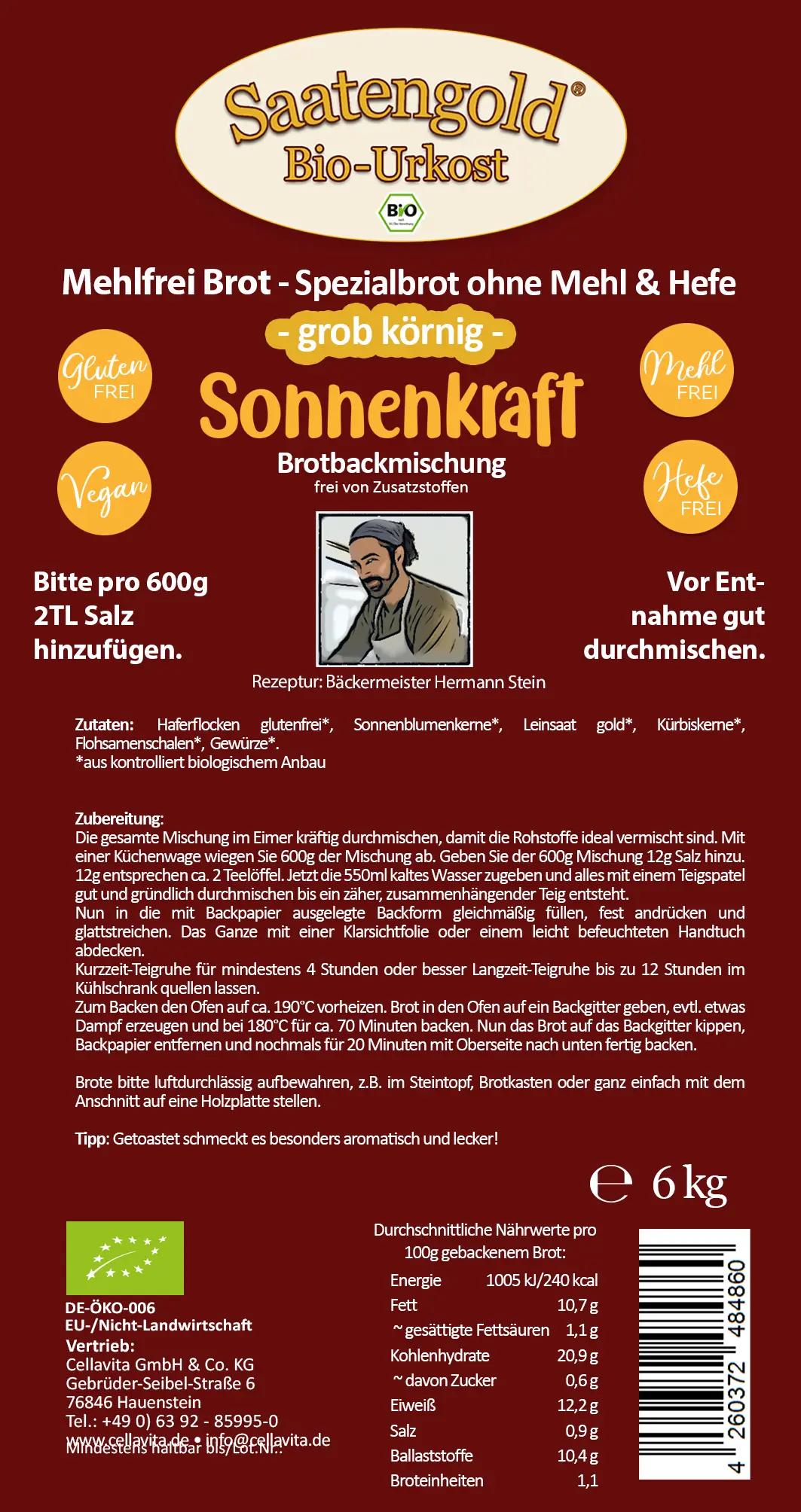 Mehlfreibrot Sonnenkraft -grob körnig- Bio Brotbackmischung 