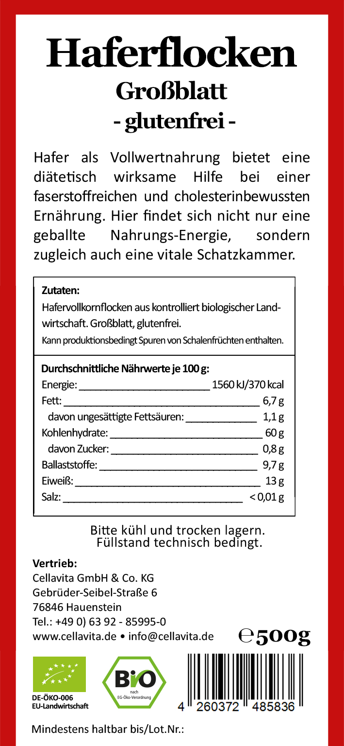 Bio-Haferflocken glutenfrei Großblatt 500g