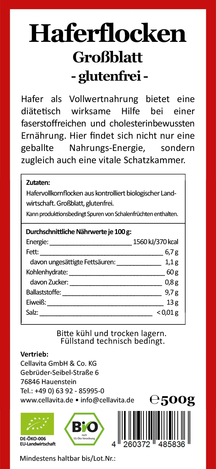Bio-Haferflocken glutenfrei Großblatt 500g