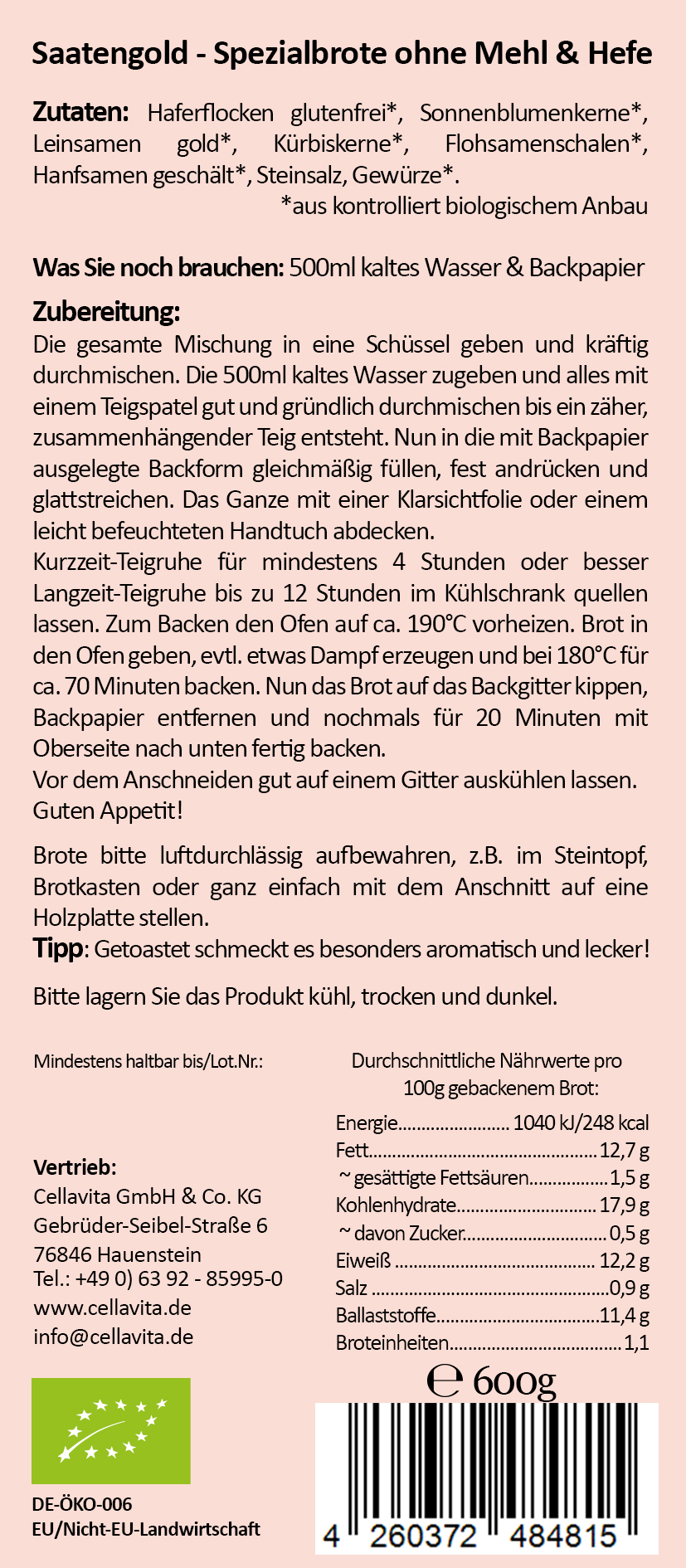 Mehlfreibrot Multikorn -grob körnig- Bio Brotbackmischung 