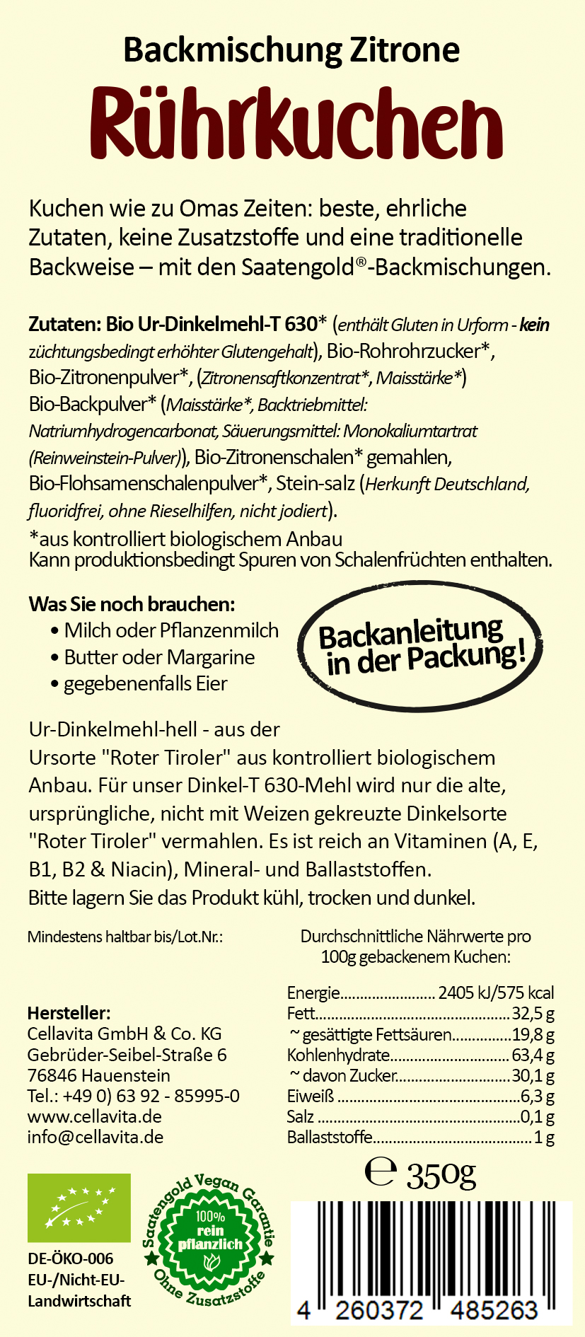 Zitronenkuchen Backmischung (Bio) Ur-Dinkel hell 350g