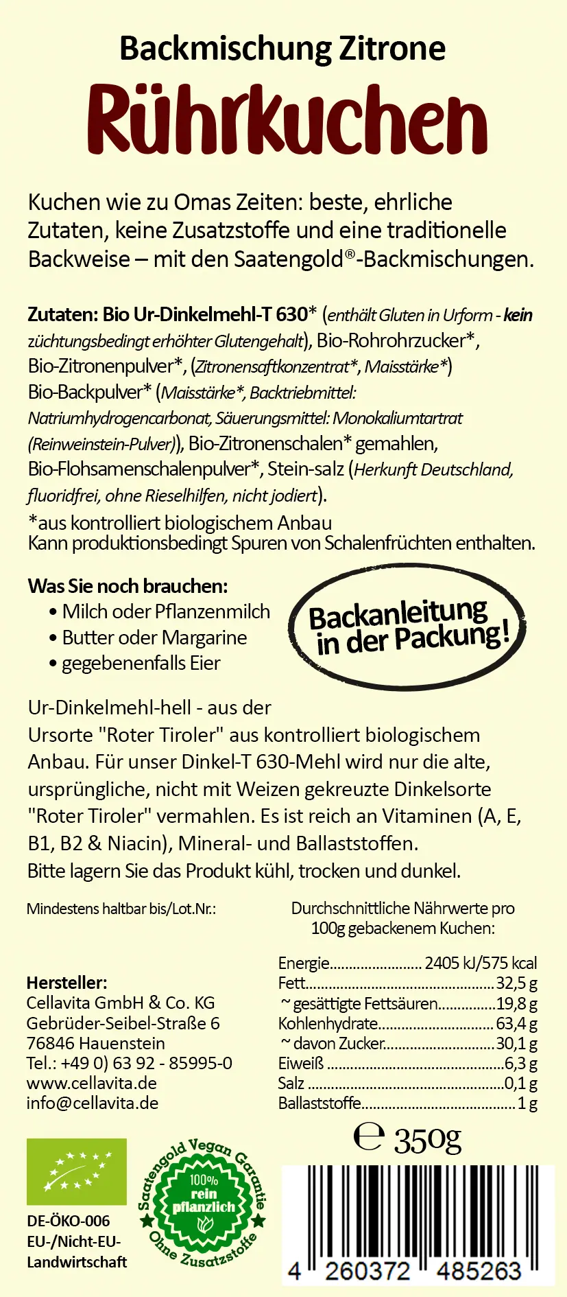 Zitronenkuchen Backmischung (Bio) Ur-Dinkel hell 350g