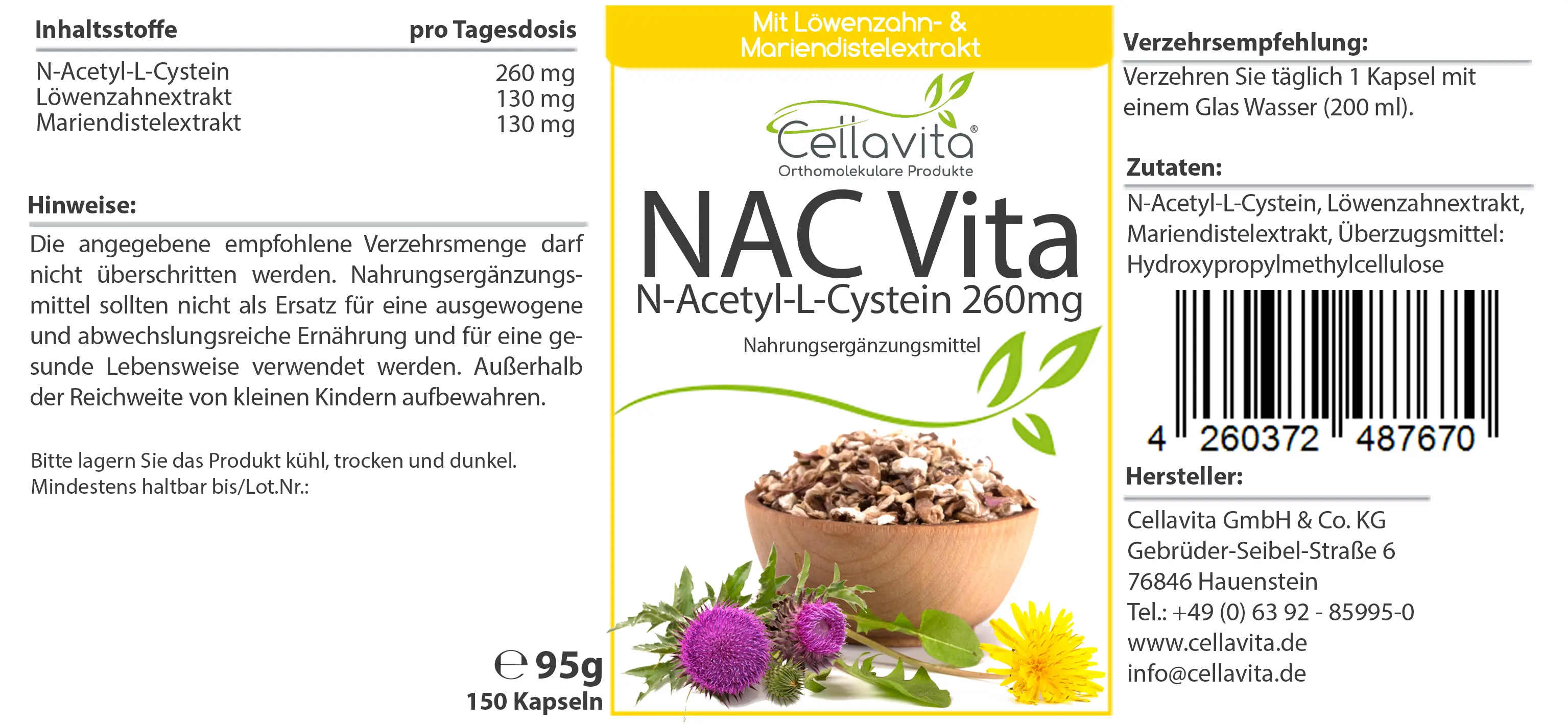 NAC Vita - 260 mg - N-Acetyl-L-Cystein aus natürlicher Fermentation - Kapseln