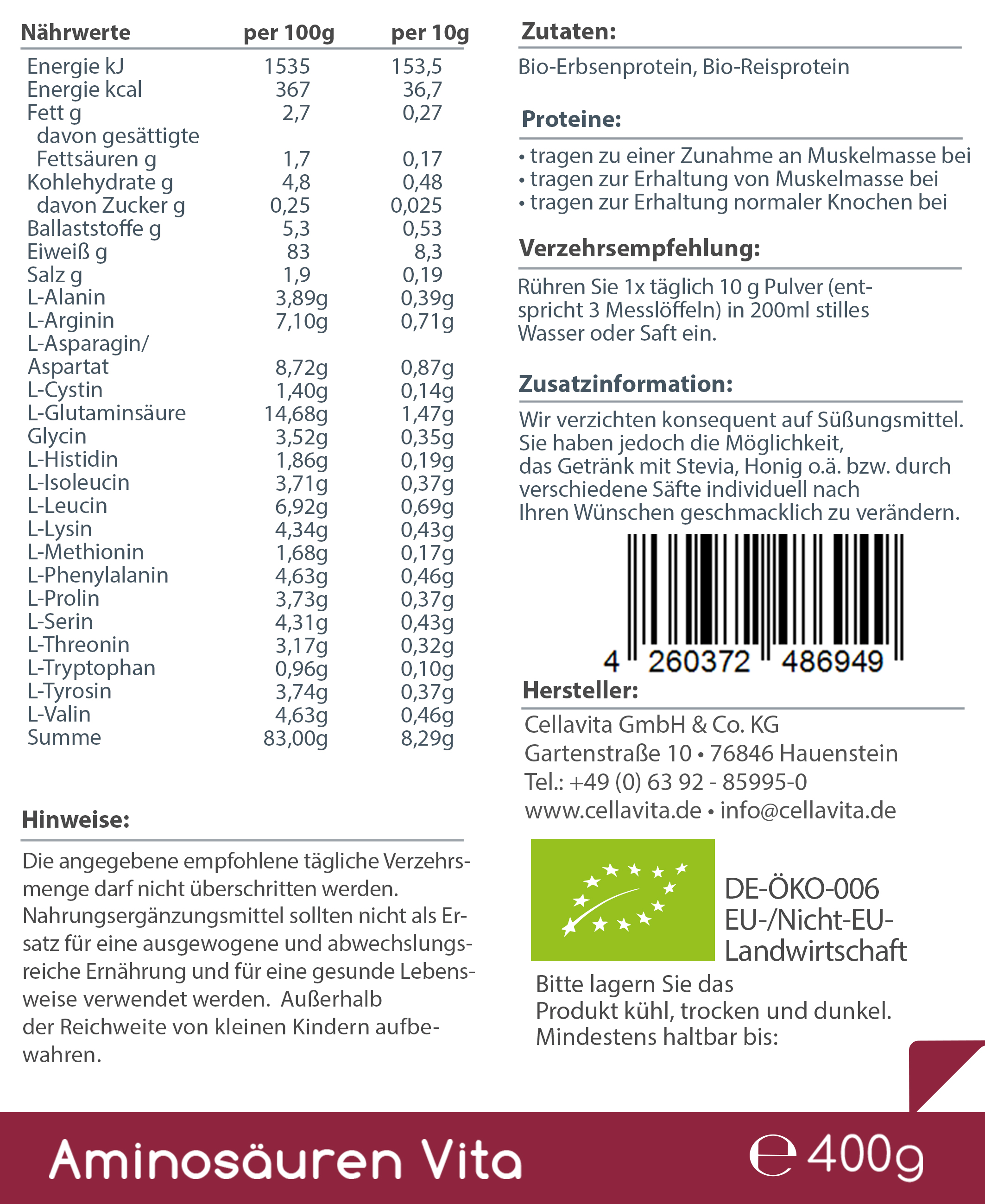 Bio Aminosäuren Vita (natürliche Aminosäuren & Proteine) 