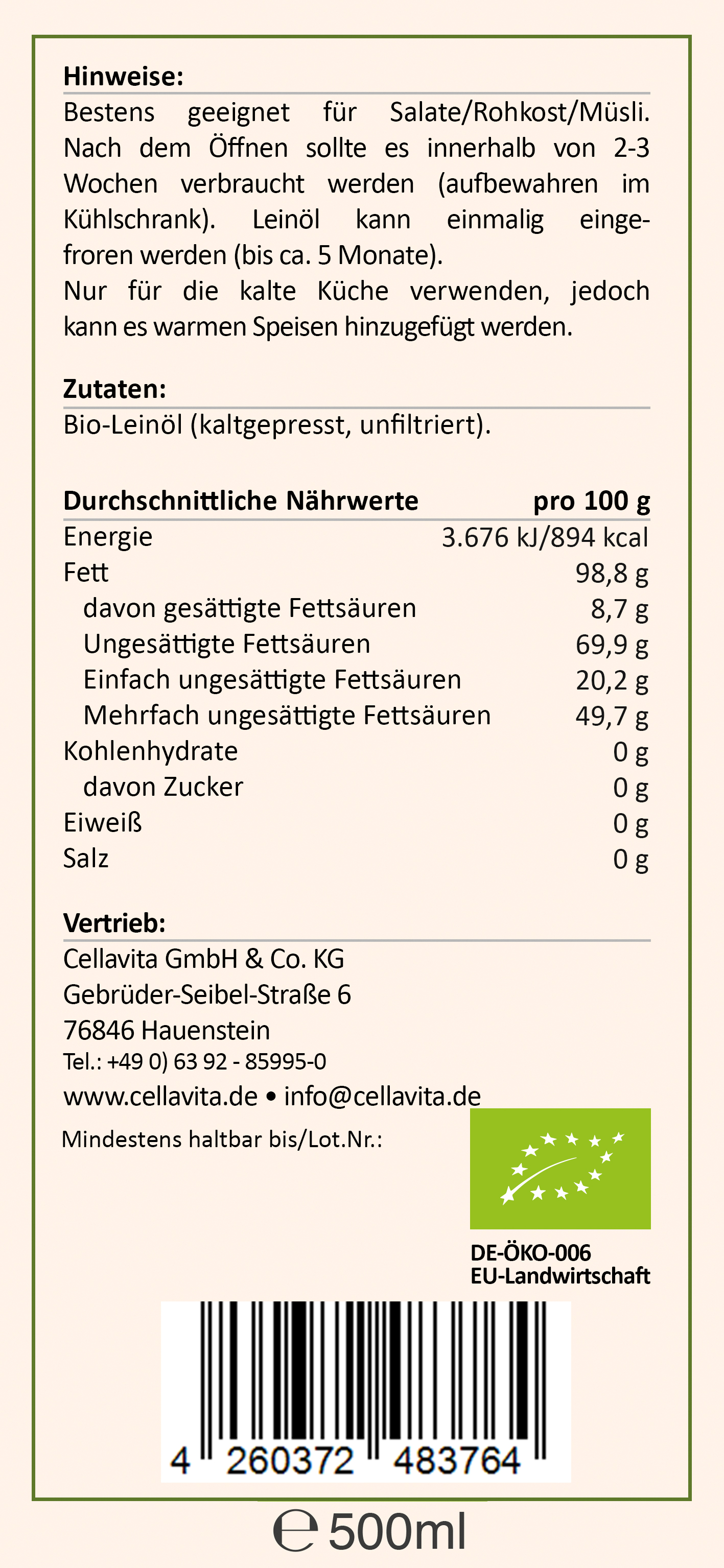 Saatengold-Bio-Feinschmecker-Öle "Leinöl Pur" 