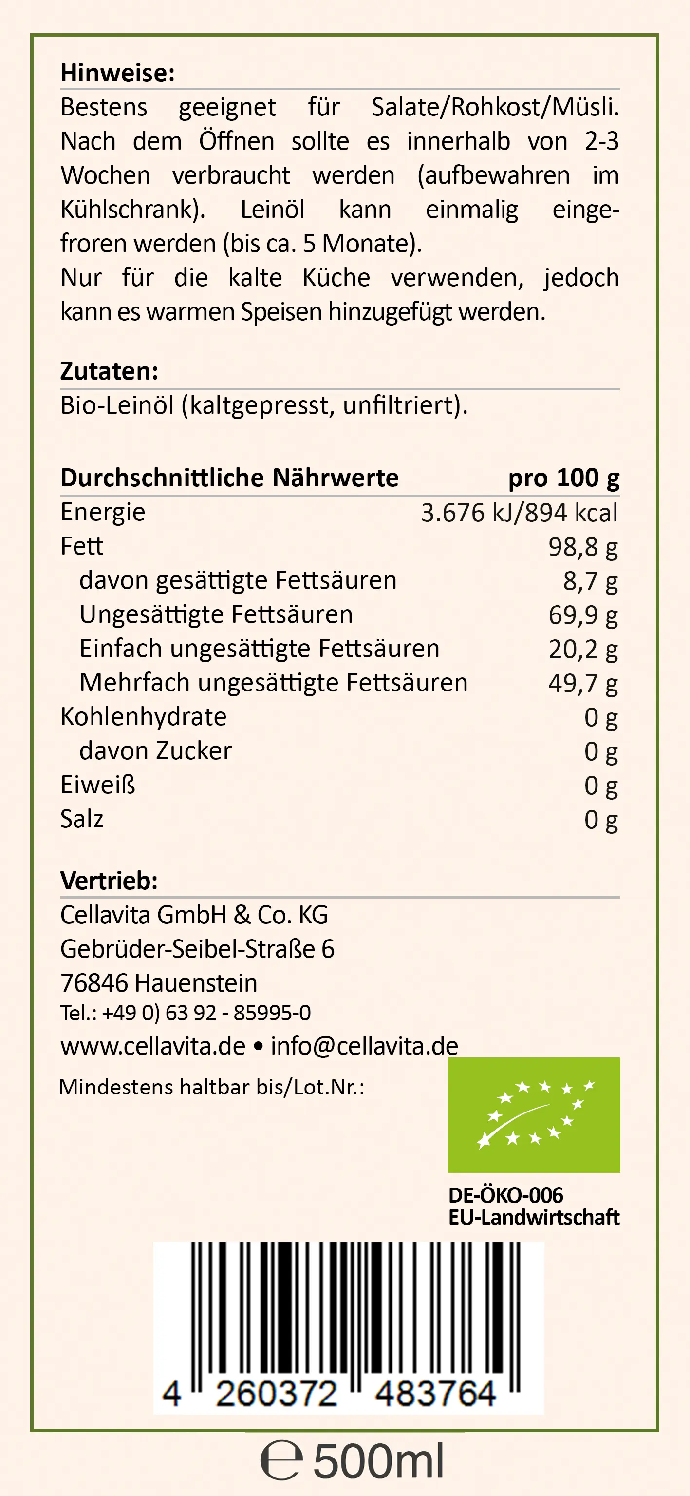 Saatengold-Bio-Feinschmecker-Öle "Leinöl Pur" 