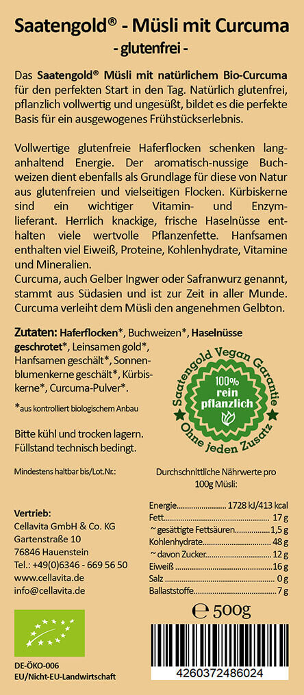 Saatengold® - Bio Müsli mit Curcuma - glutenfrei & vegan - 500g