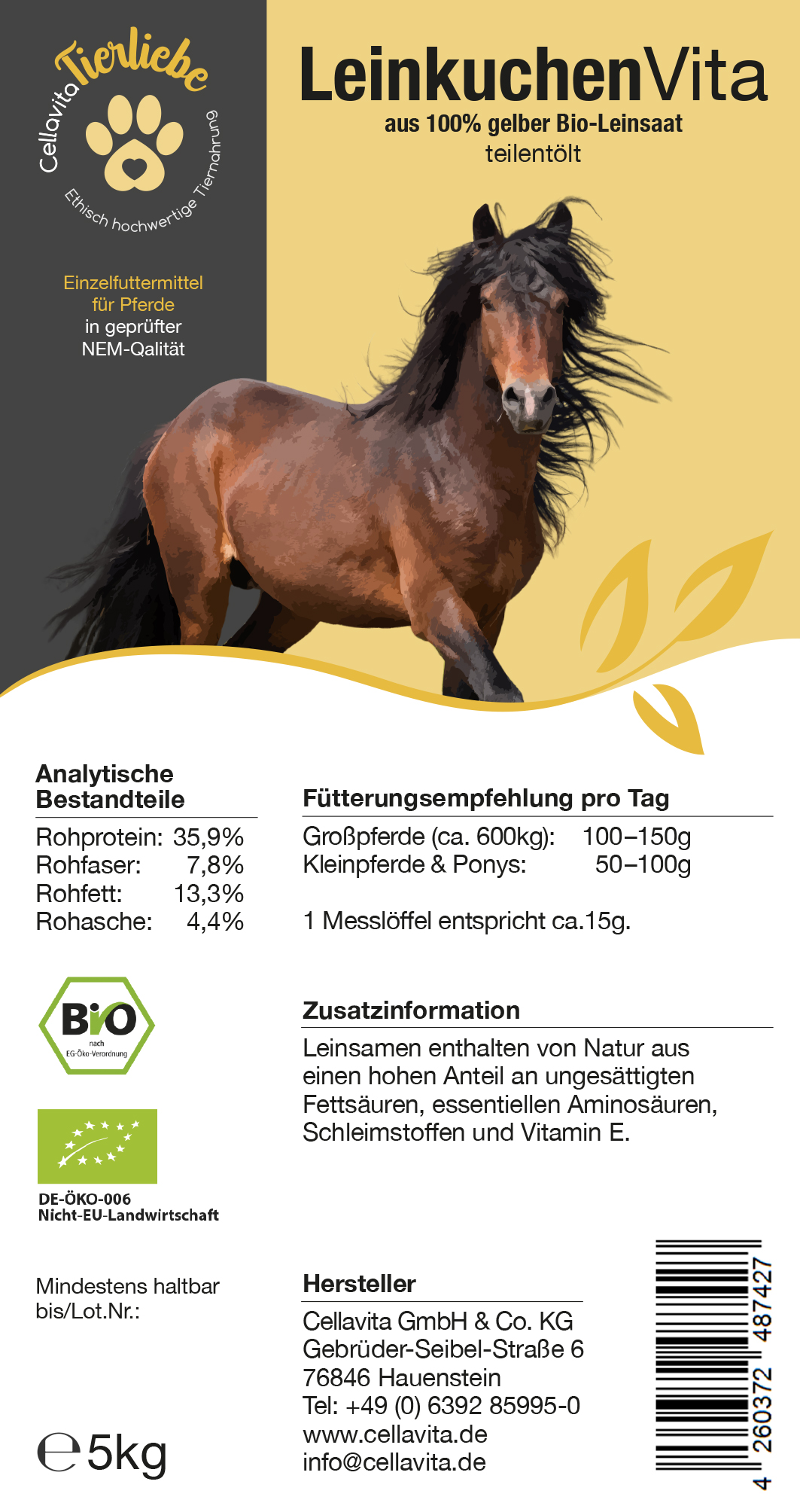 Bio-Leinkuchen Vita für Pferde 5kg Vorratsbeutel